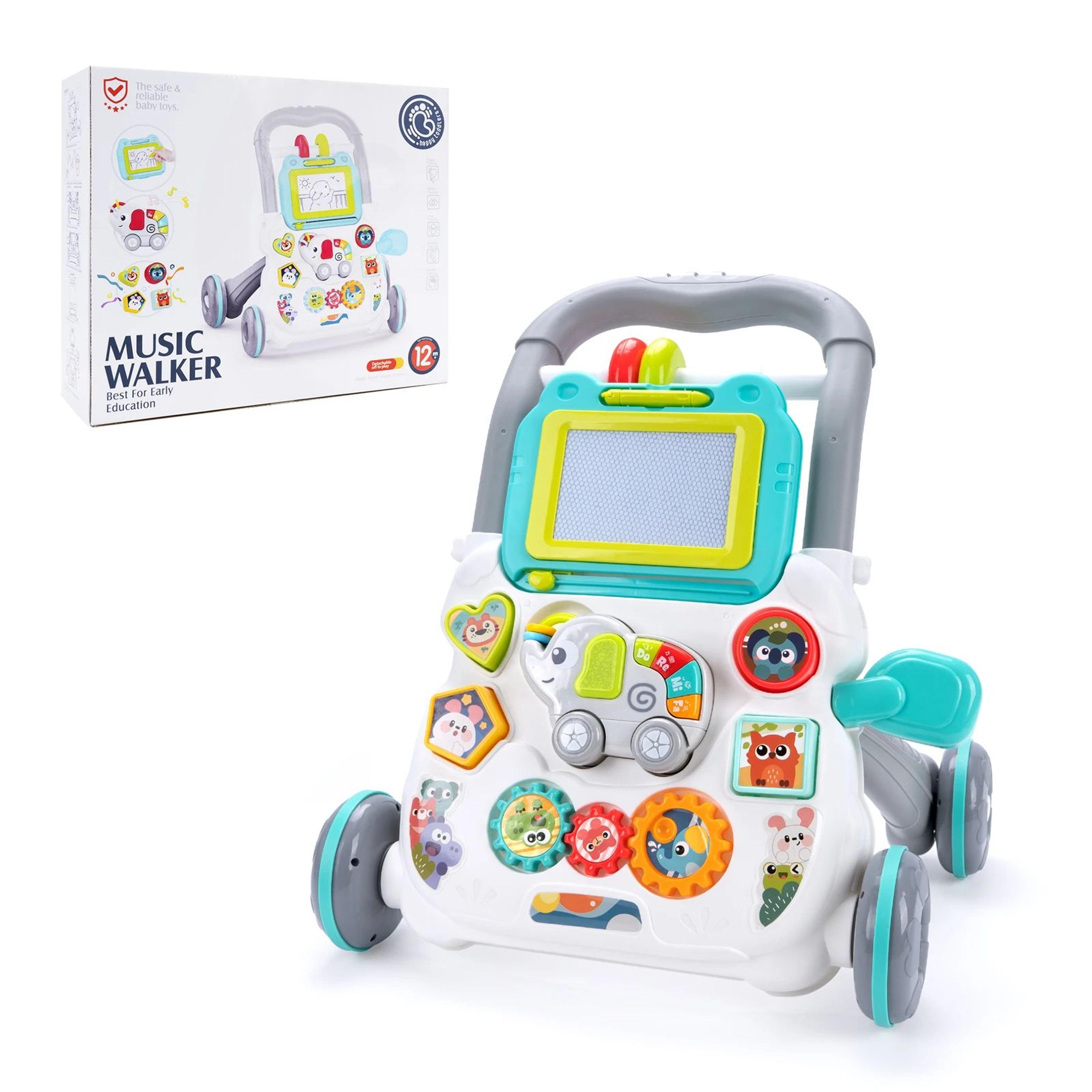 multifunction baby cartoon push walker toy with music and drawing board