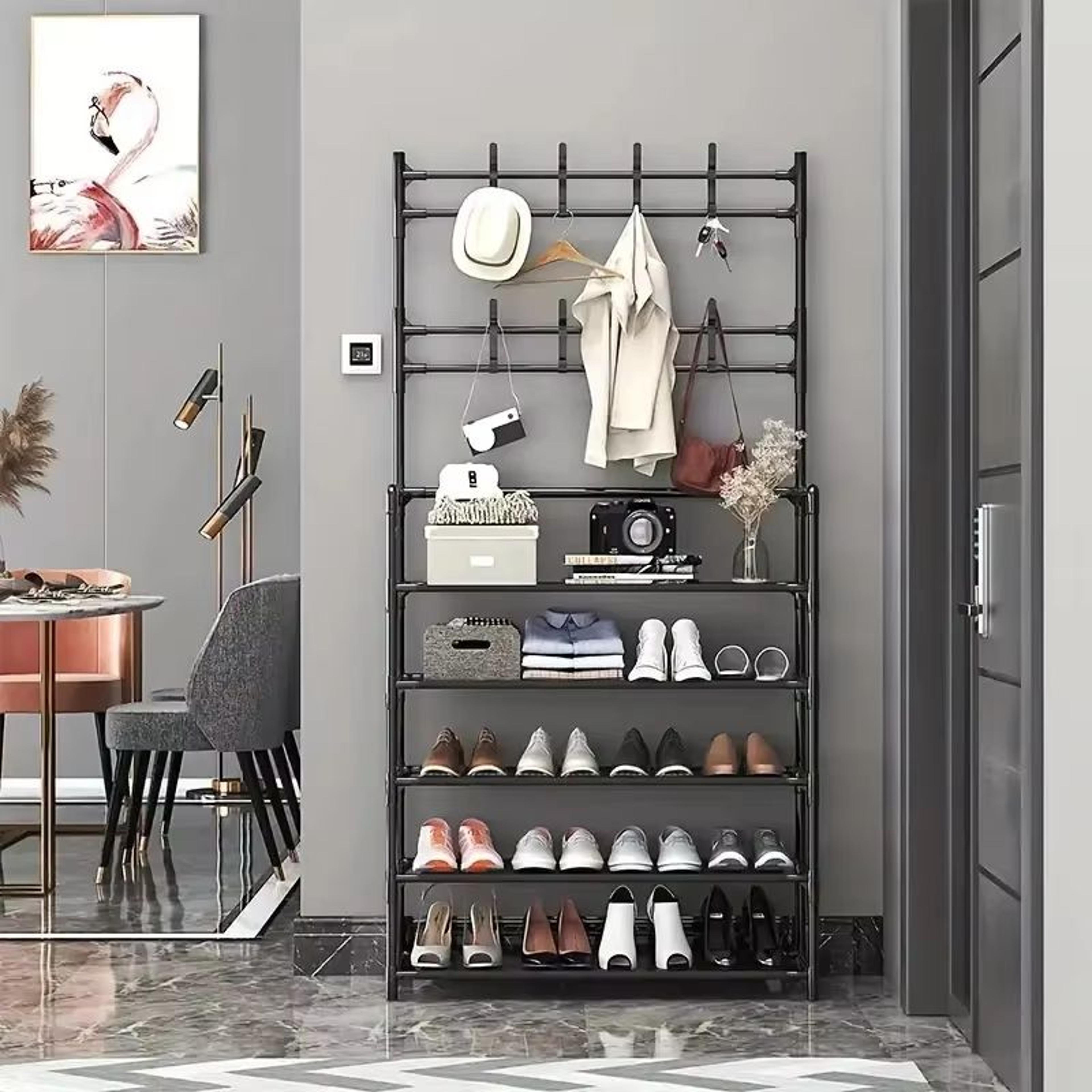 freestanding entryway coat rack with shoe shelves and hooks for hallway storage