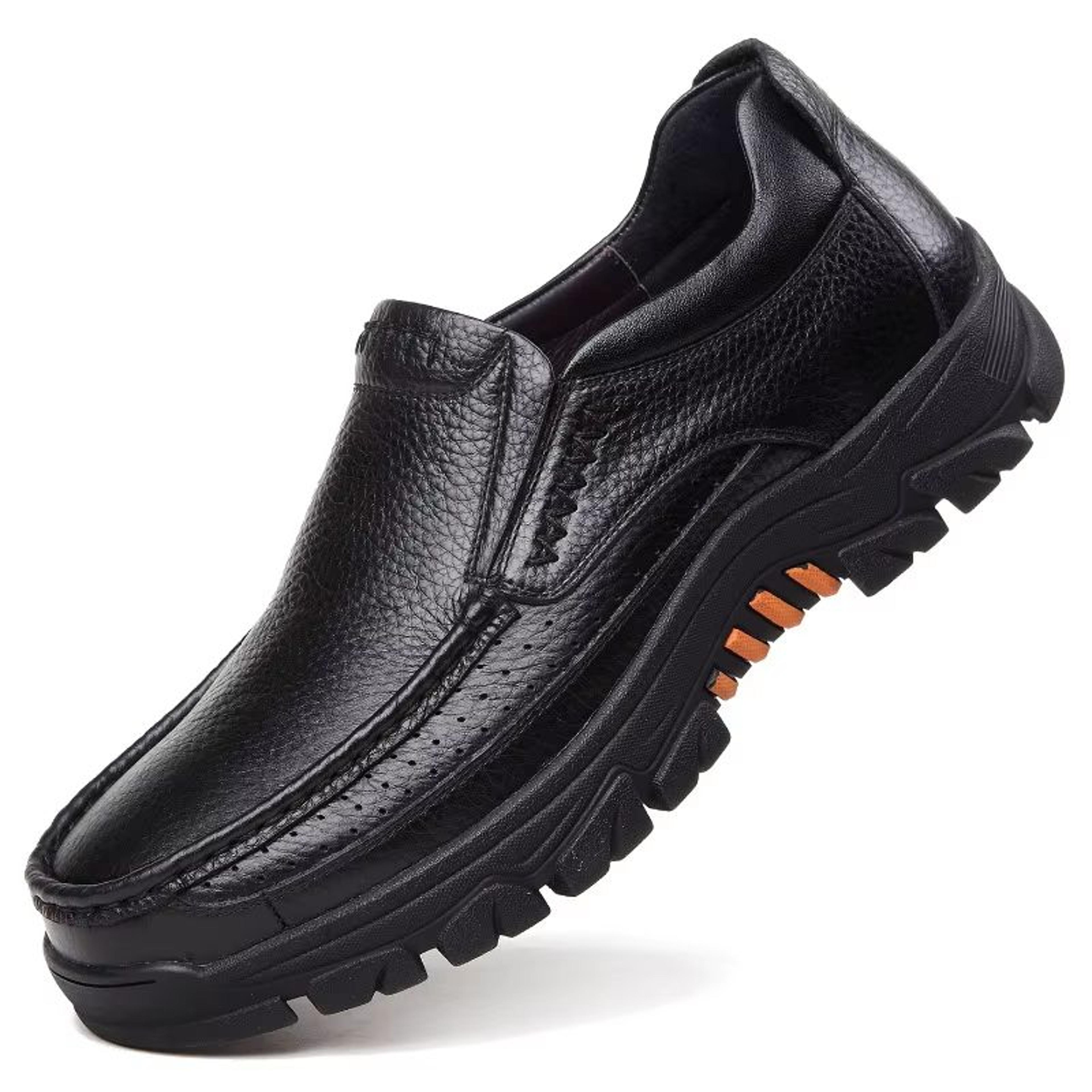 genuine leather men's slip on loafers thick sole cowhide casual work shoes