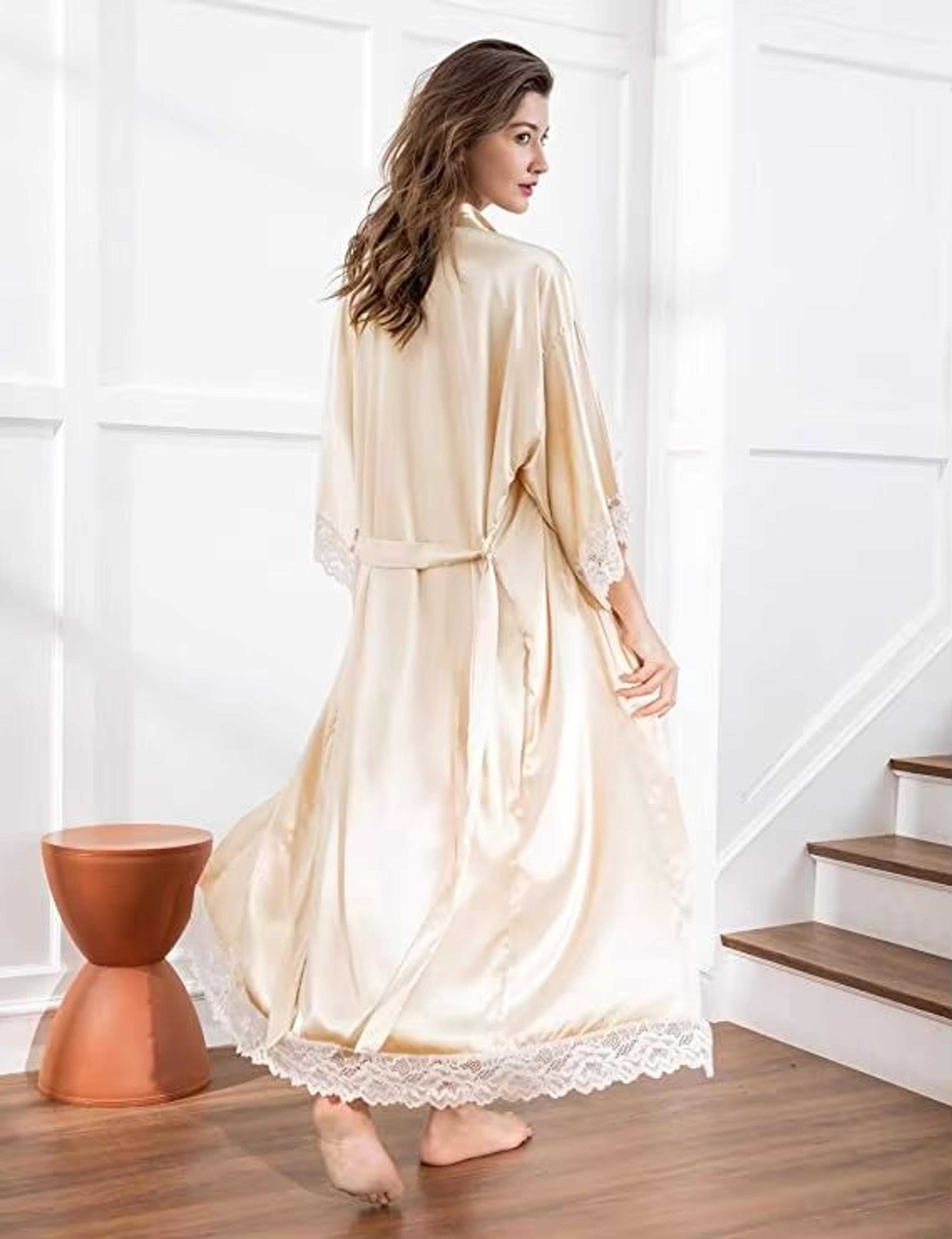 silk satin lace long robe for bride and bridesmaids wedding getting ready robe