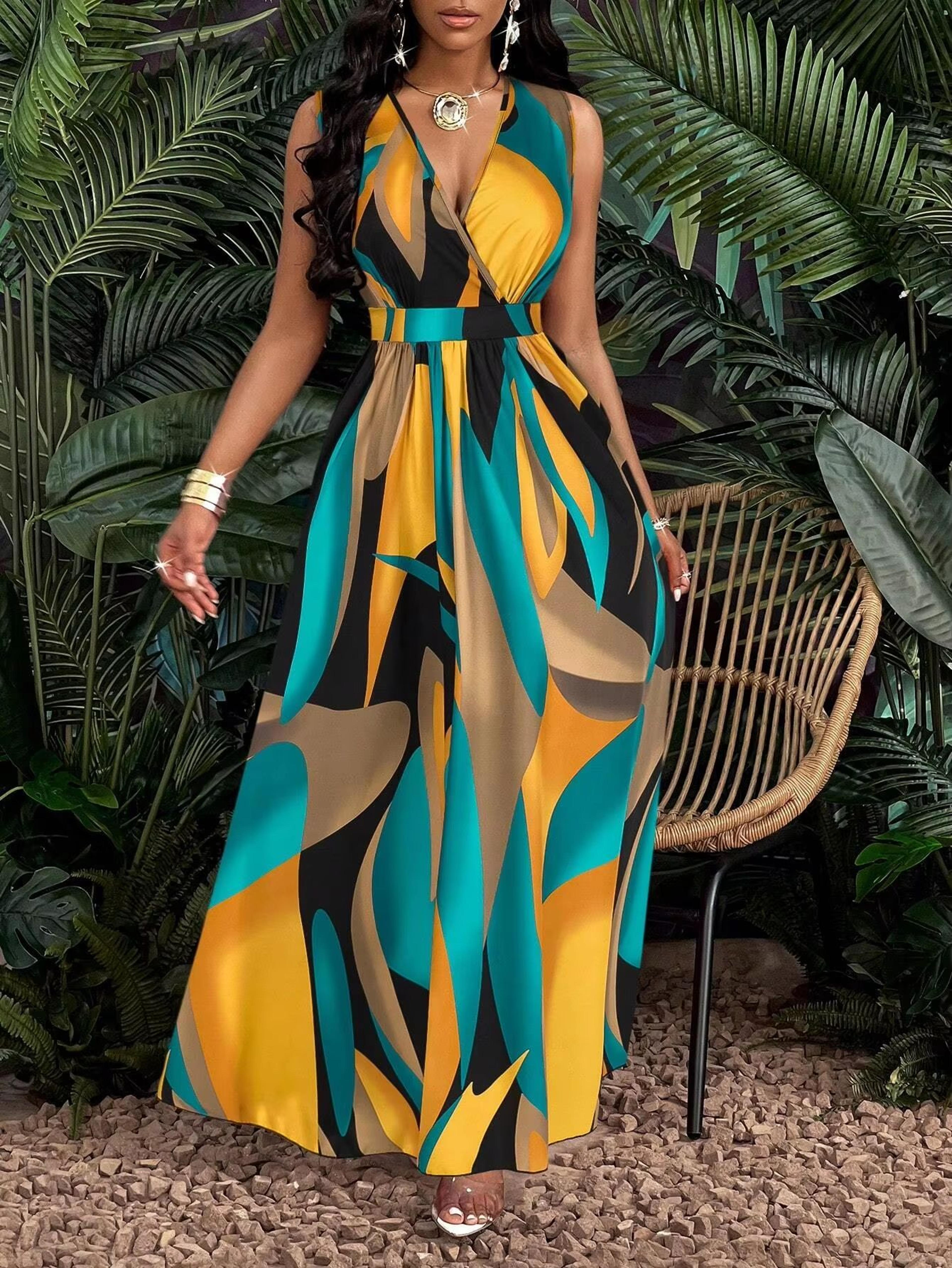 tropical print v-neck maxi dress for women