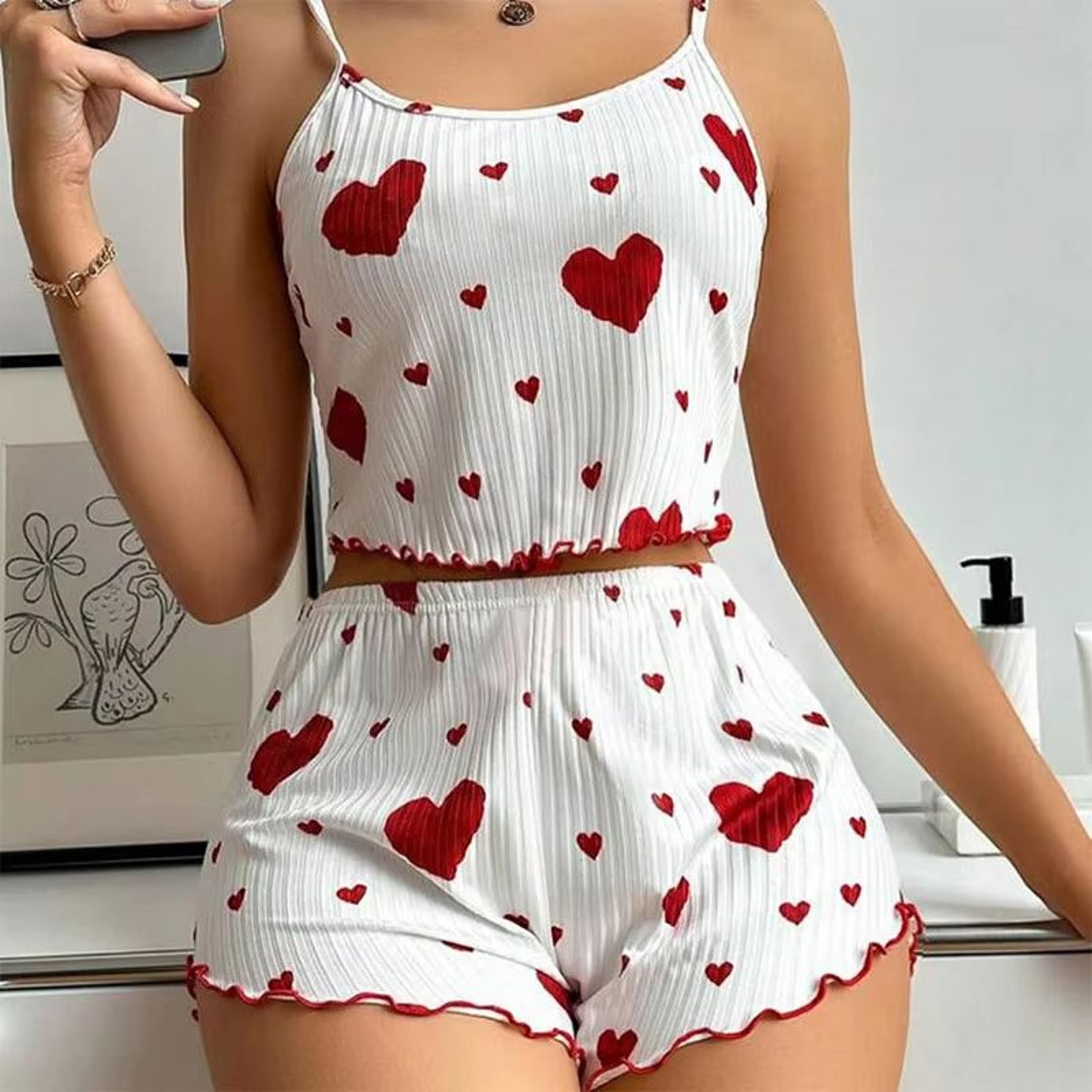 women's 2 pcs pajamas set – soft short tank top and shorts sleepwear in white with love print