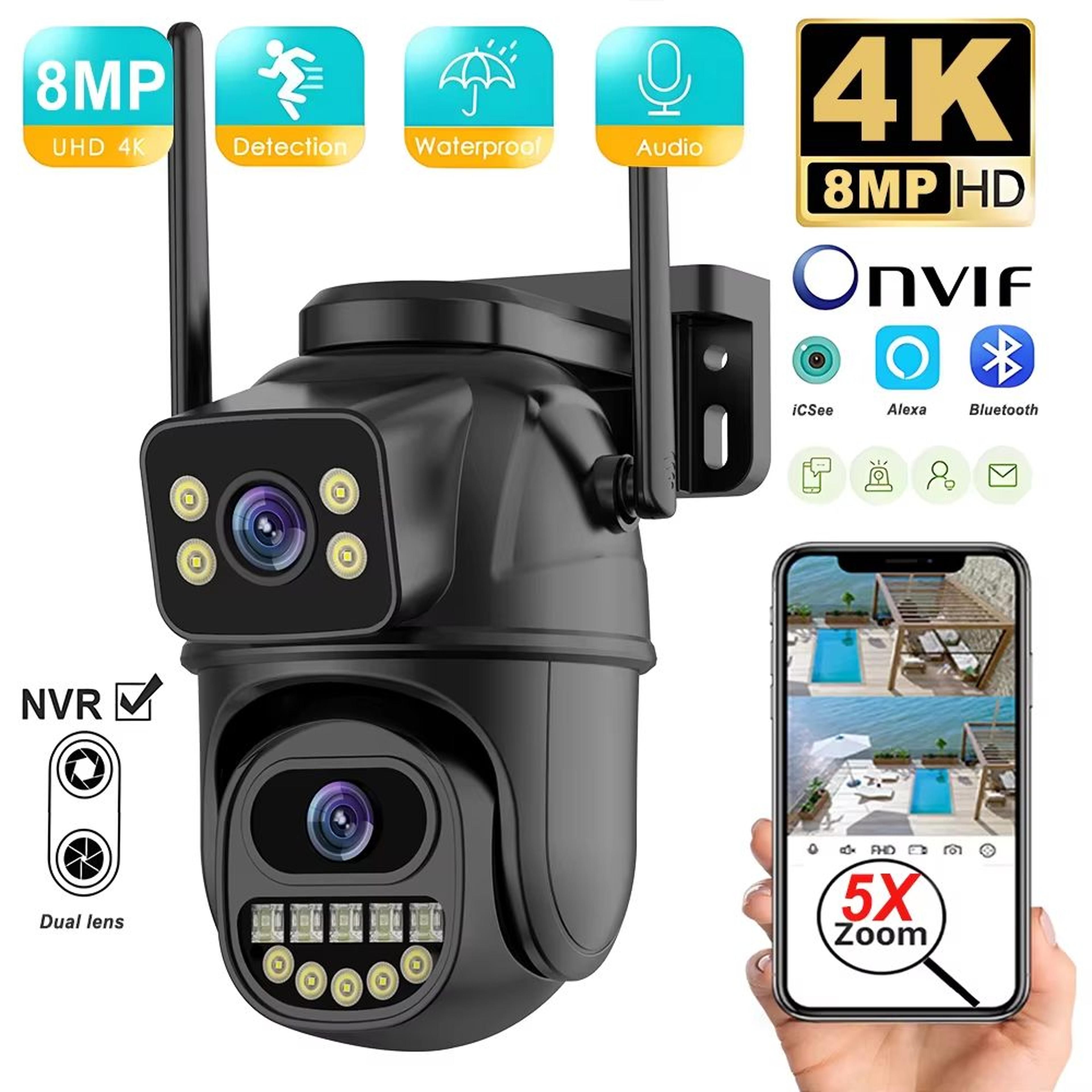 4k 8mp dual-lens outdoor wifi security camera with 5x zoom and dual screen surveillance