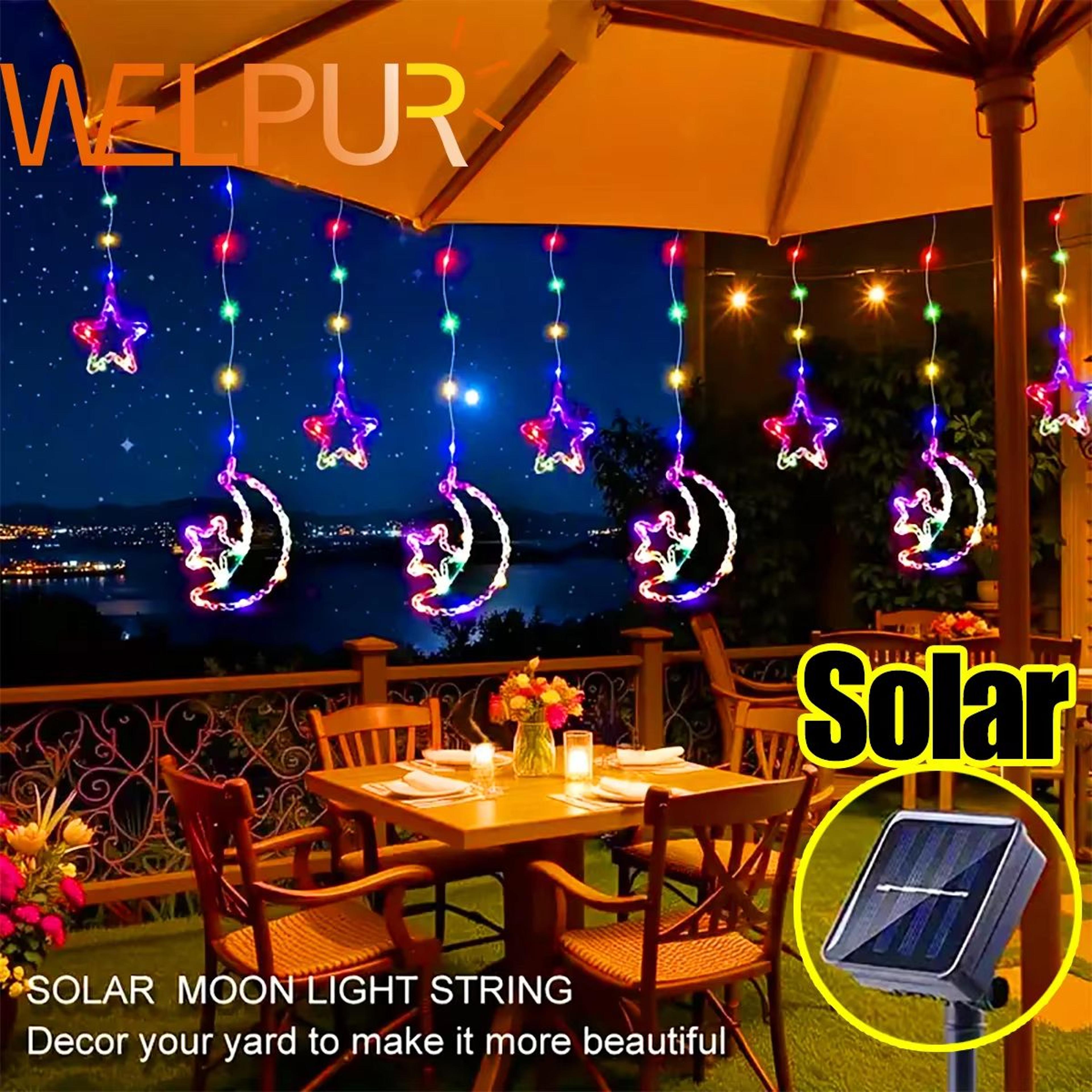 solar 3m 120led star moon curtain string lights outdoor decorative led fairy lights for garden patio party wedding