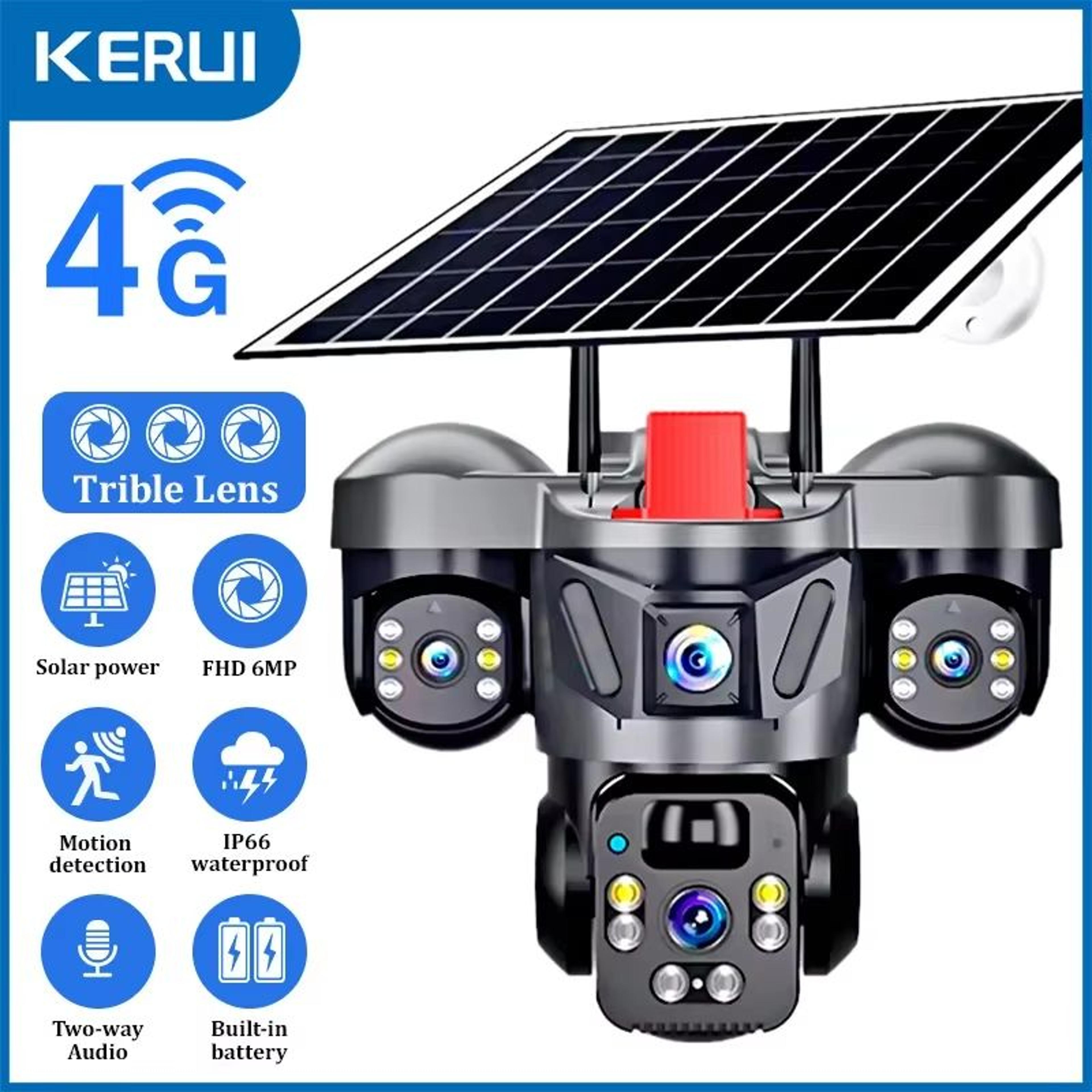 kerui 6mp solar wifi 4g ptz outdoor security camera with triple lens and built-in battery