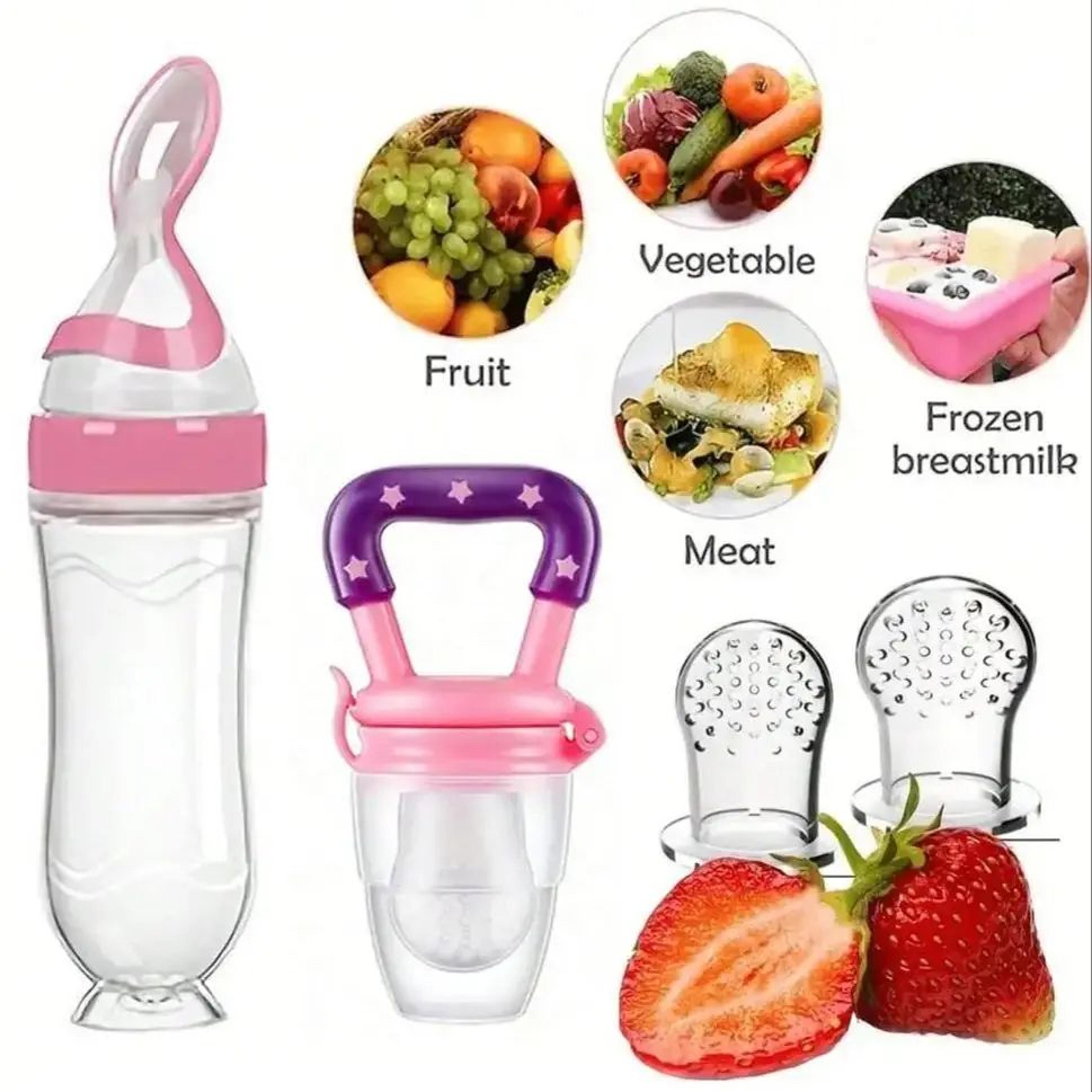 4-piece baby feeding set with suction base bottle, cereal & fruit feeders and mesh bags