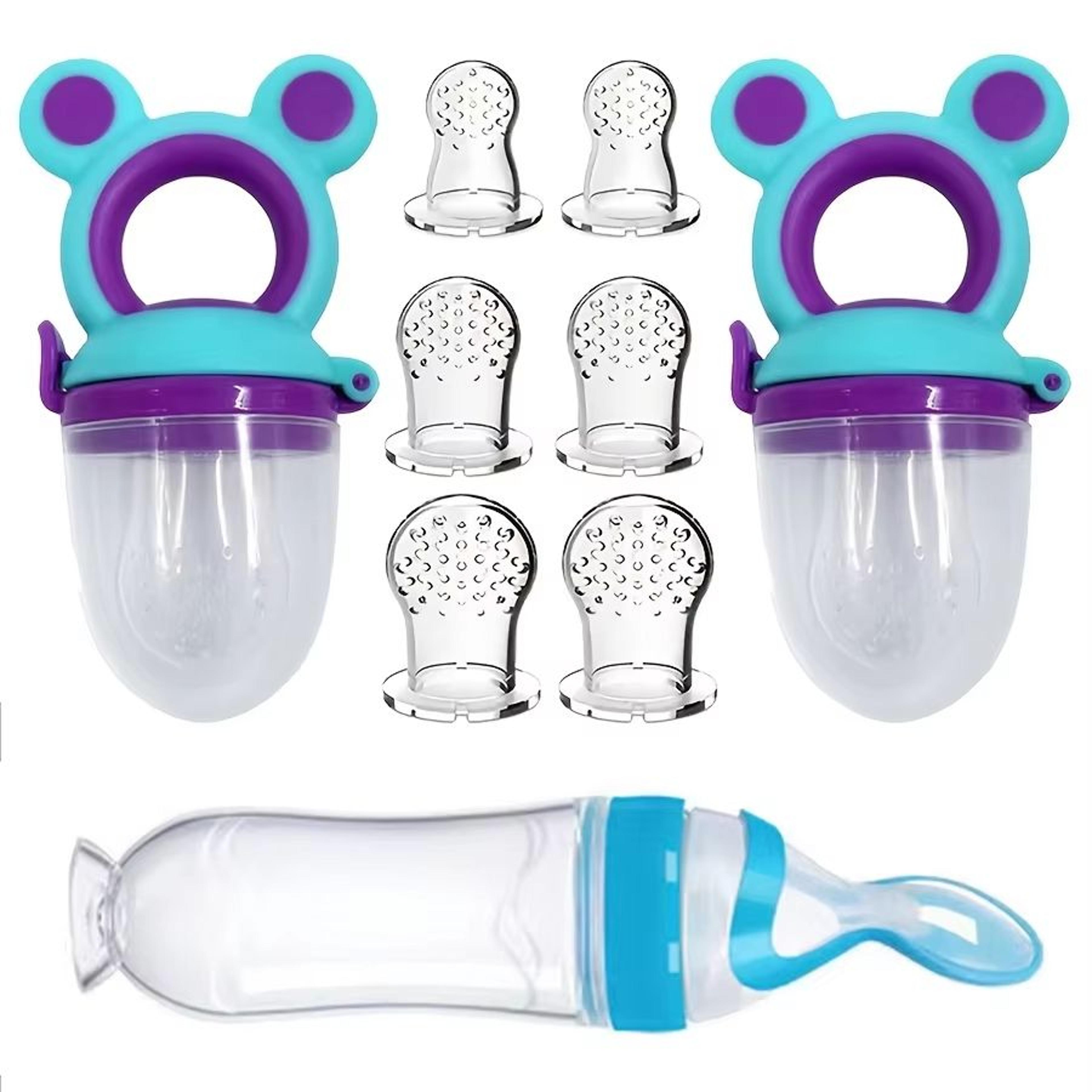 9-piece baby feeding set with silicone feeding bottle, spoon, fruit feeders, and 6 nipples