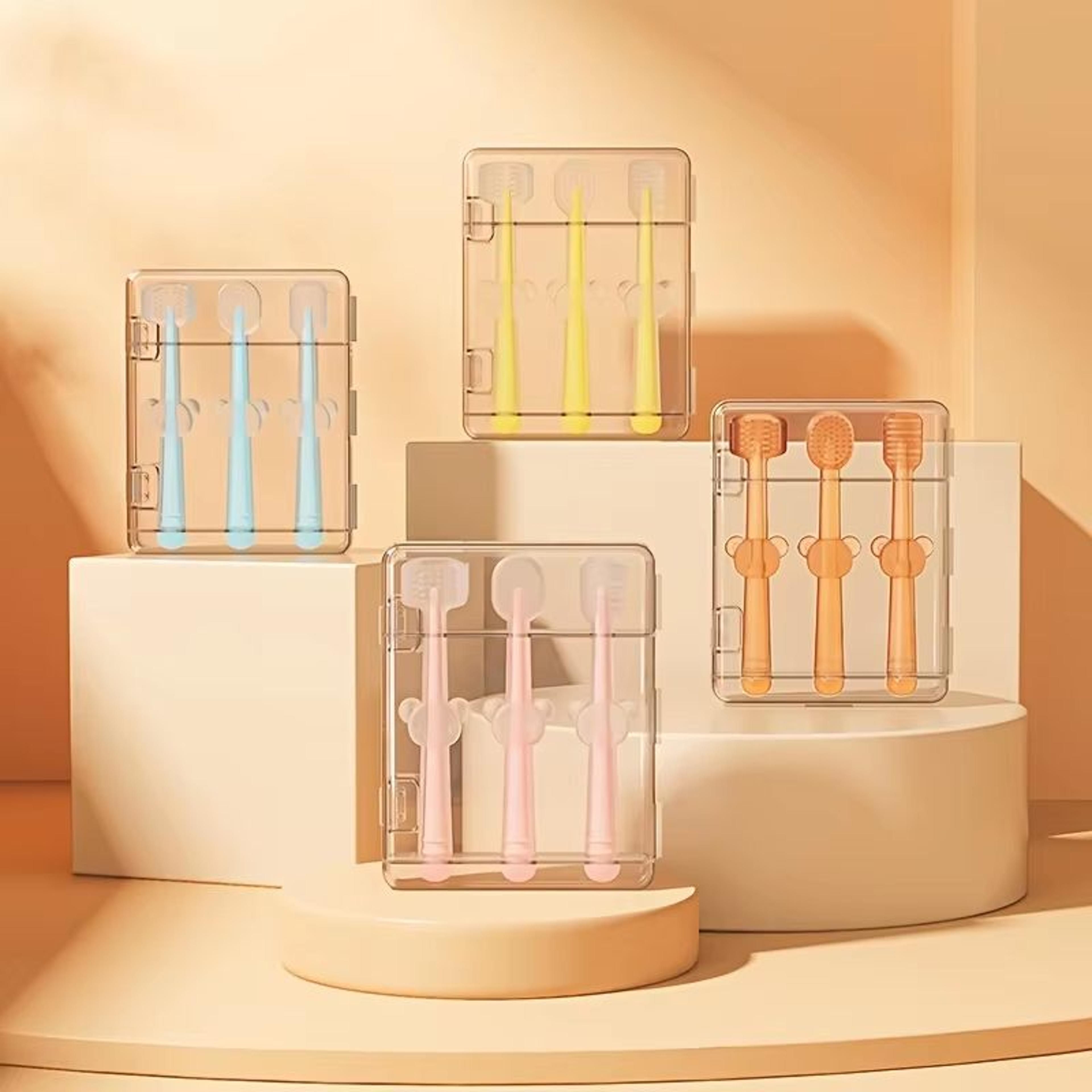 3-piece portable silicone baby toothbrush set with travel case