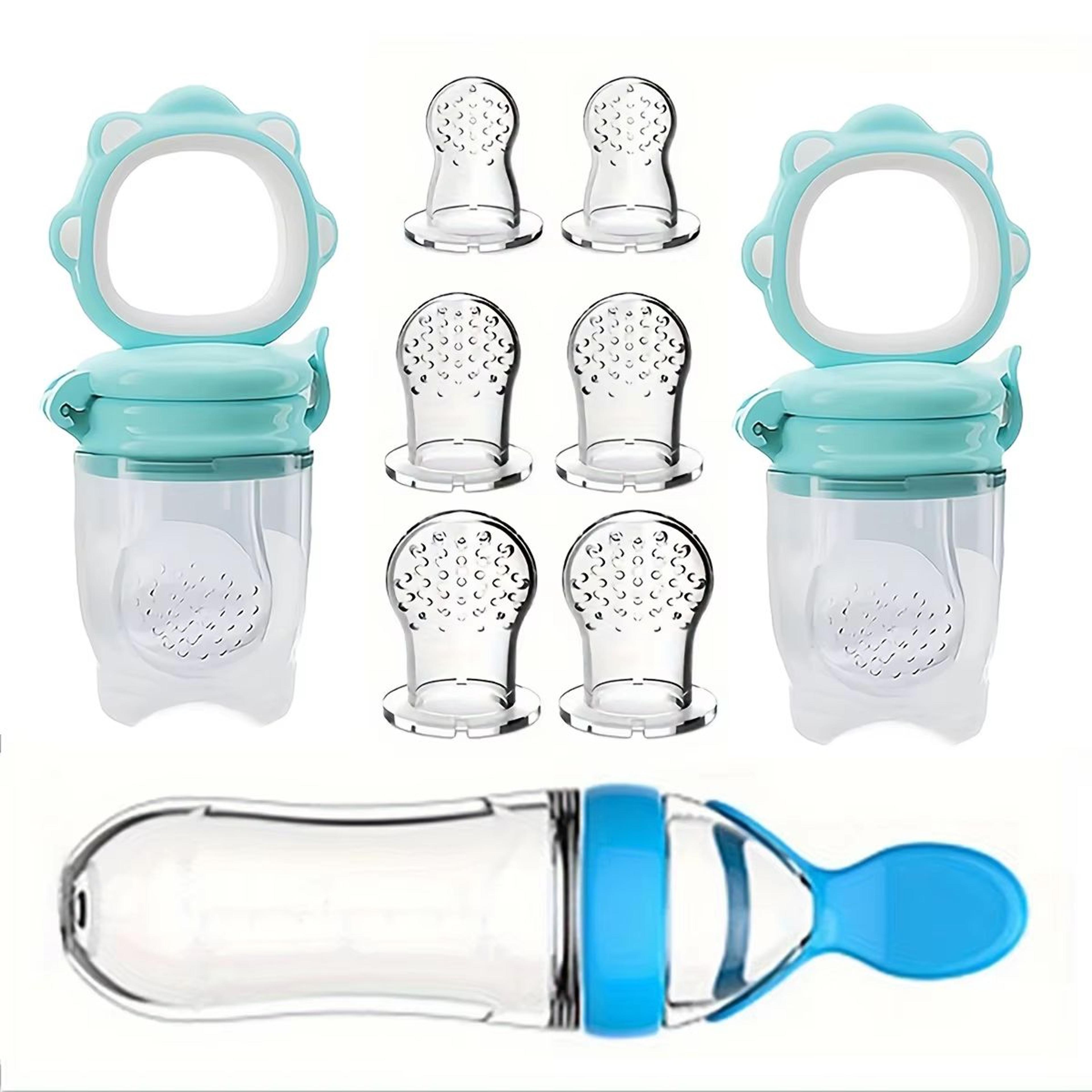 9-piece baby feeding set with silicone bottle, spoon, suction cup, fruit feeders, and nipples
