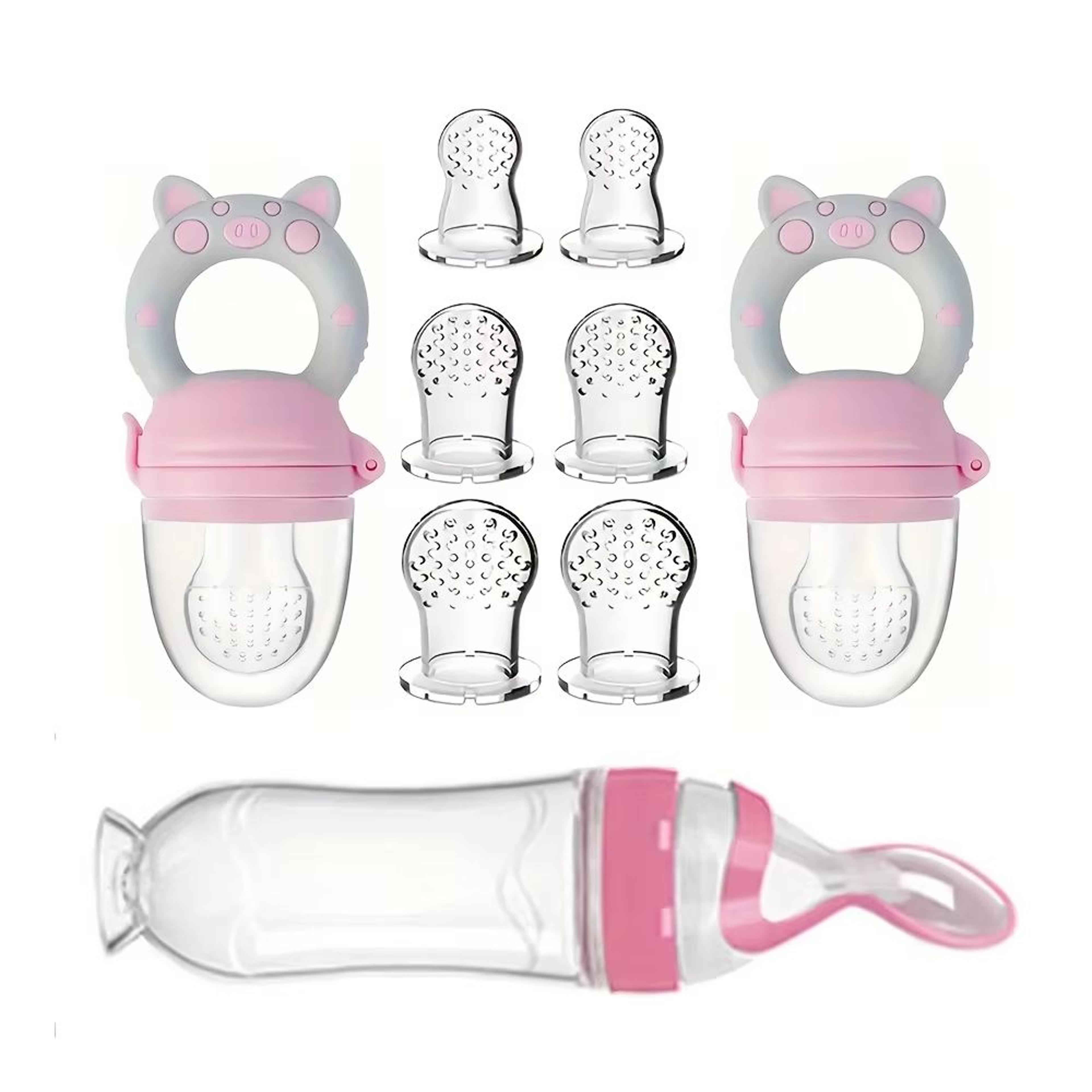 9-piece silicone baby feeding set with spoon bottle, suction base, fruit feeders and nipples