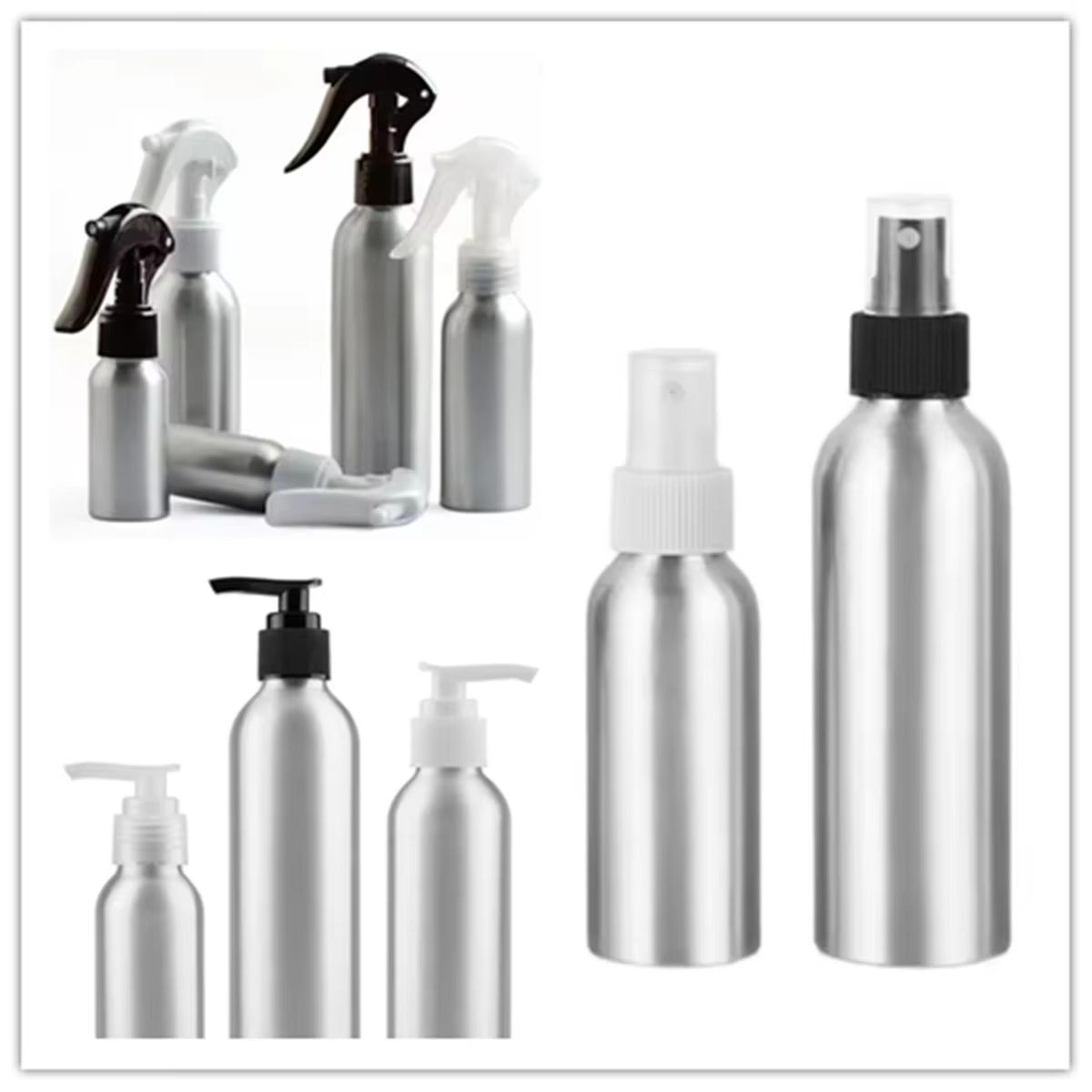 multi-size aluminum spray & lotion bottle set with trigger, fine mist, and pump sprayer