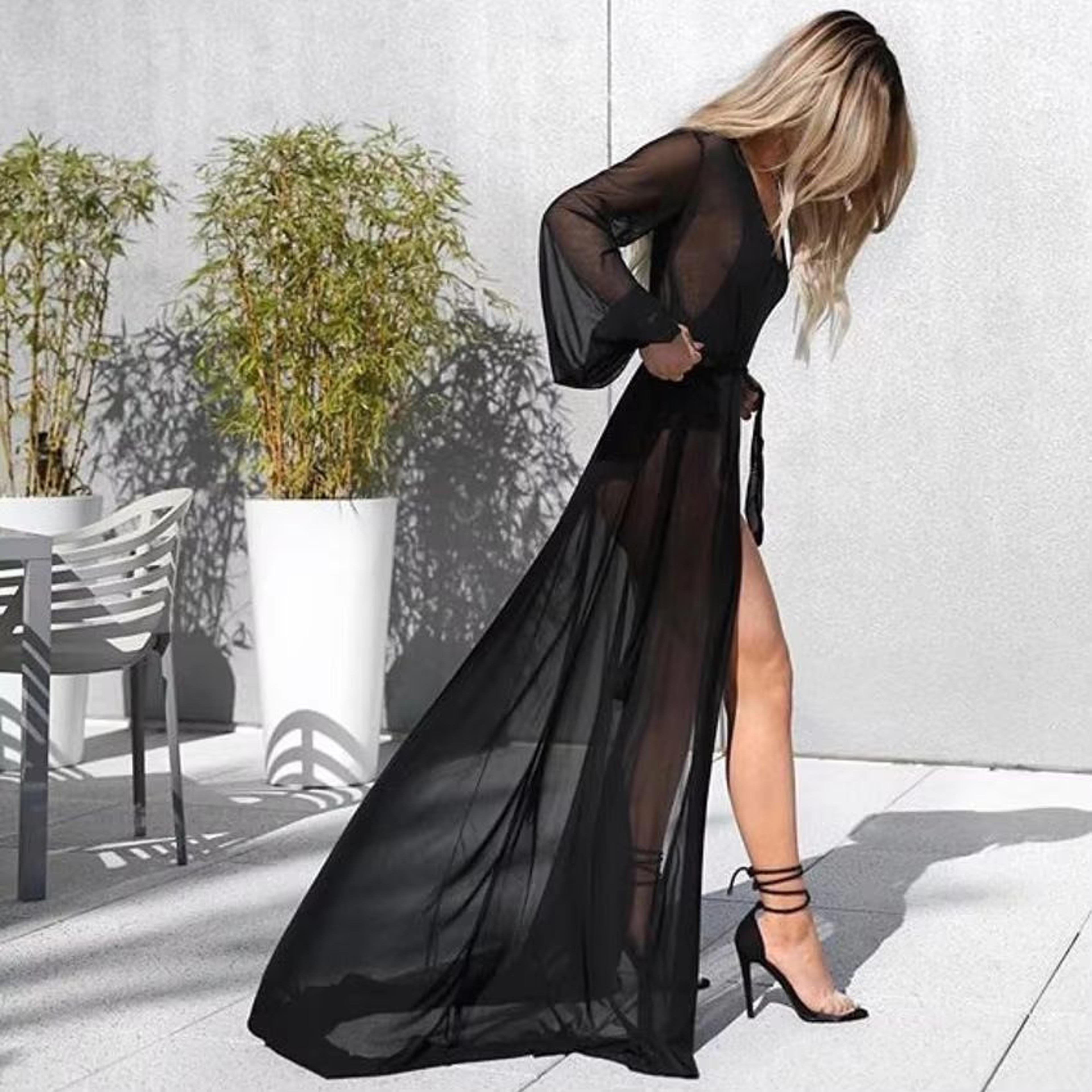 sheer chiffon beach cover up dress with belt for womens