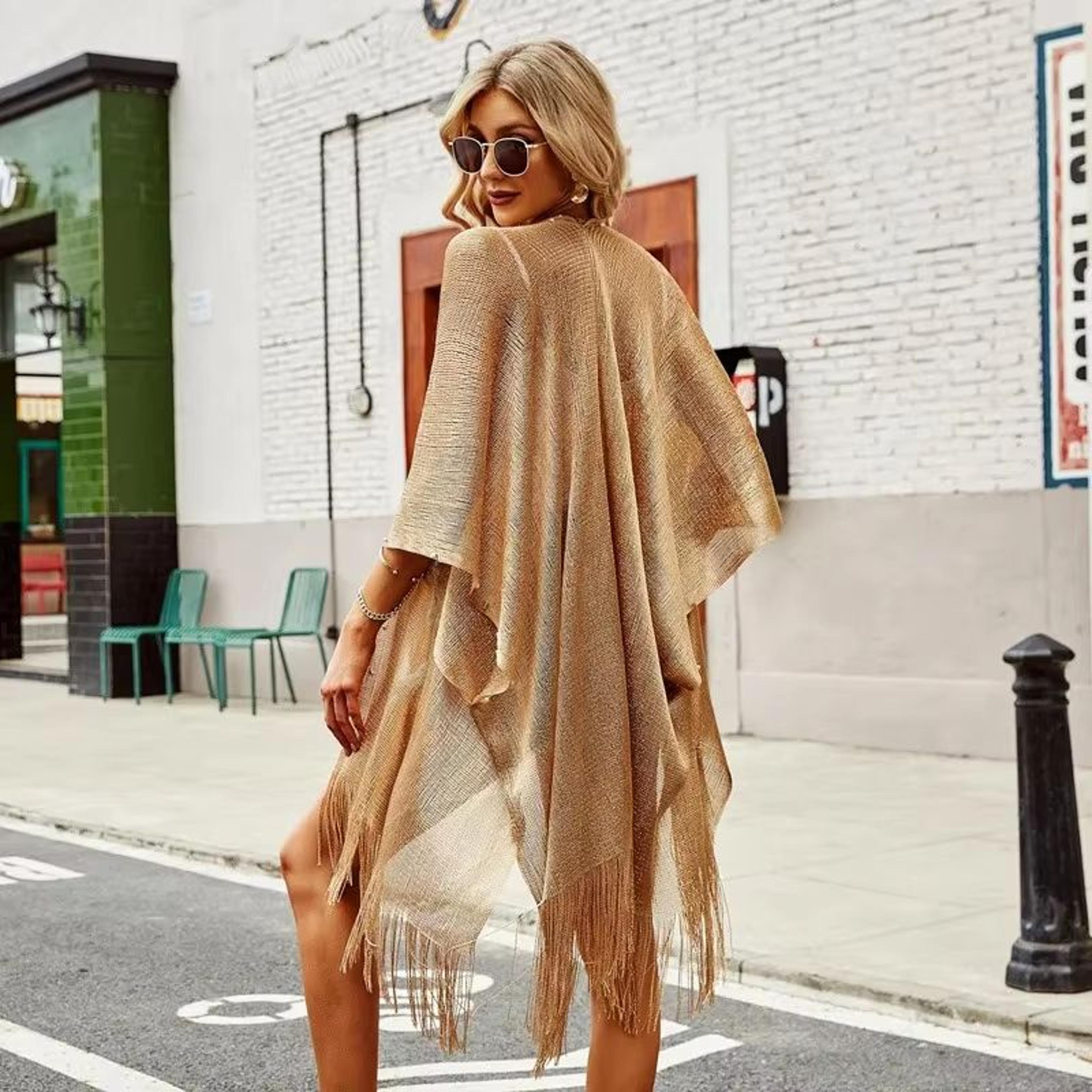 women's see-through beach cover-up dress with tassel and gold accents