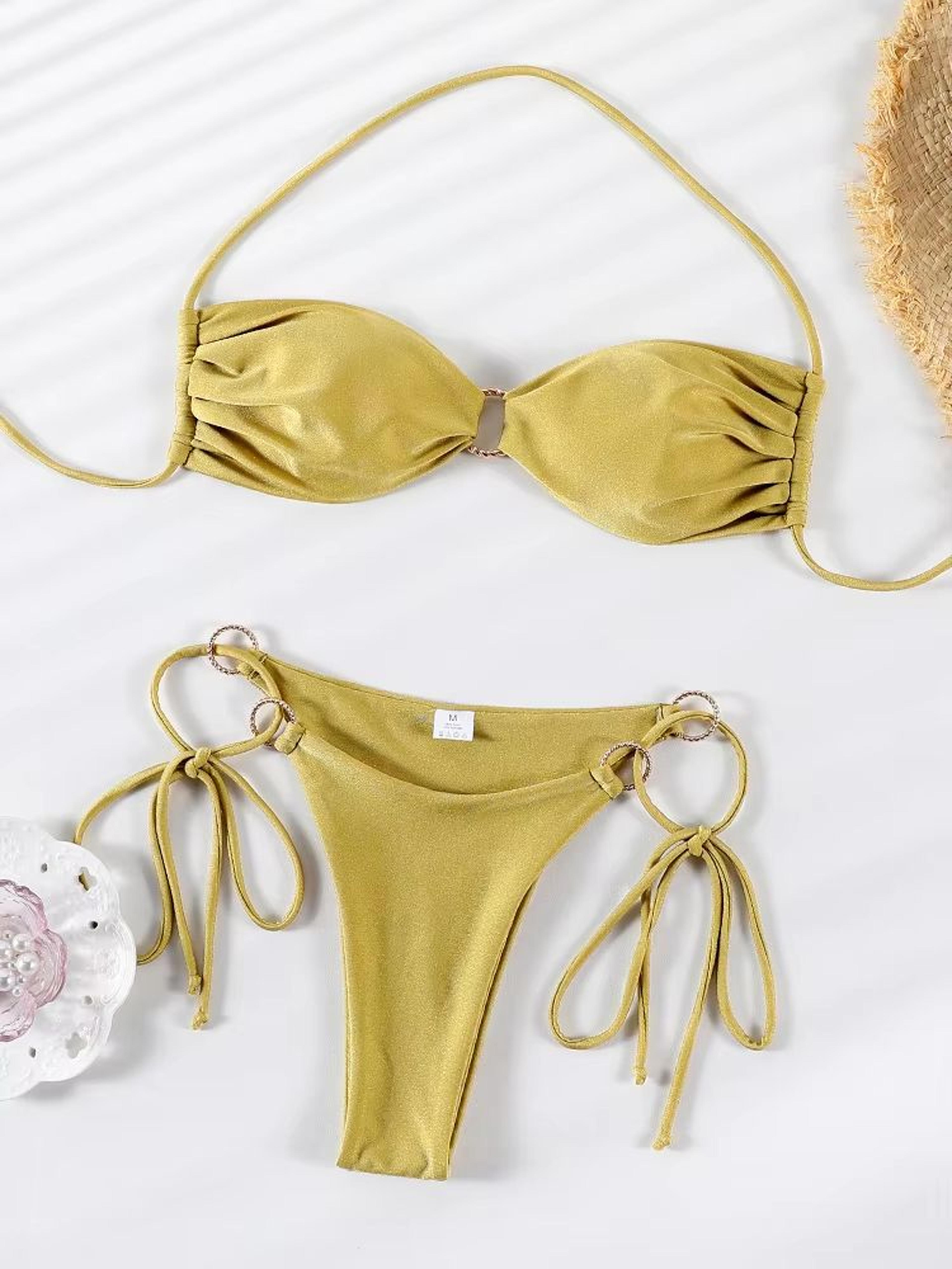 solid color push-up halter bikini set for women, shiny swimwear with bandage thong beachwear