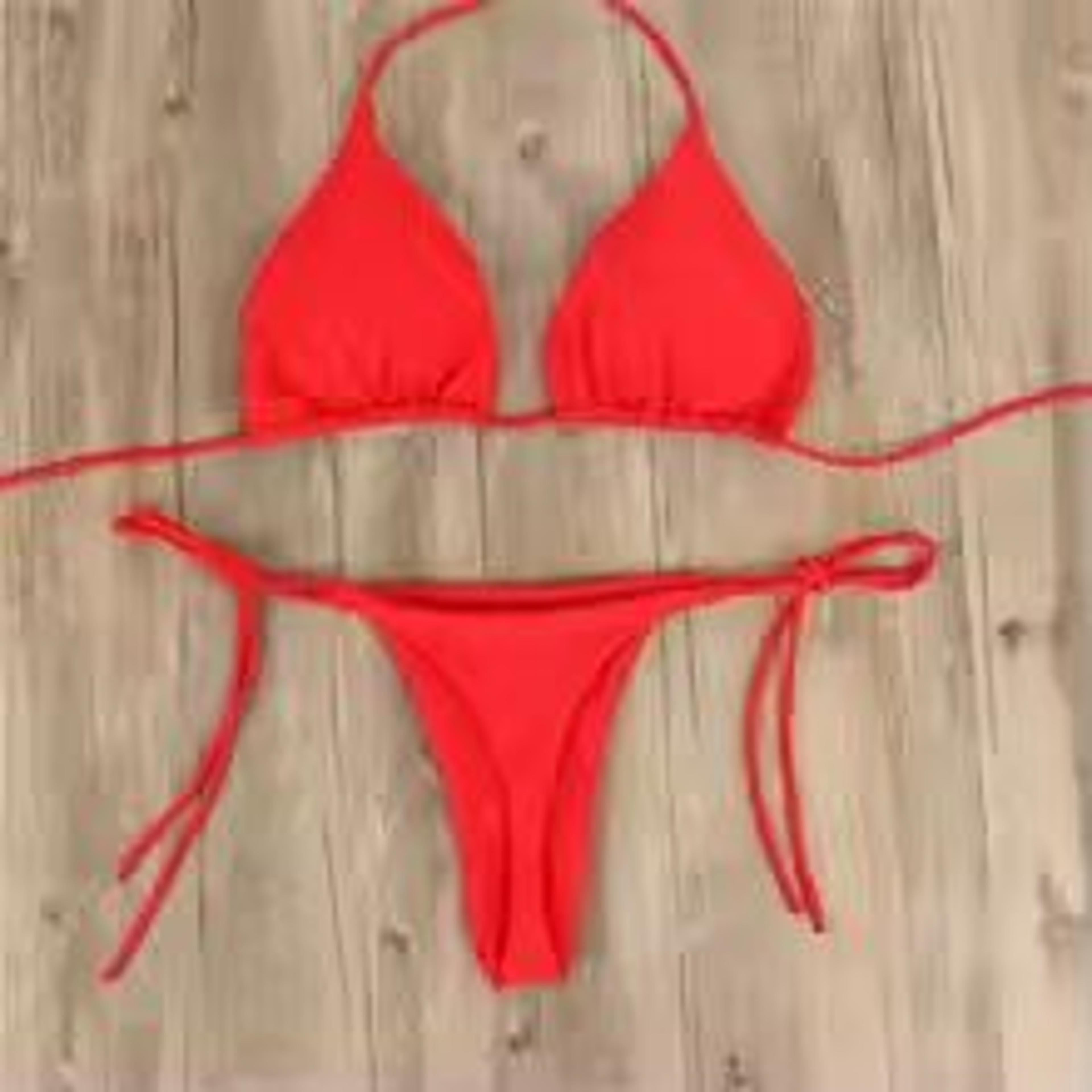 solid pink high-leg thong bikini set for women, sexy 2-piece beachwear swimwear
