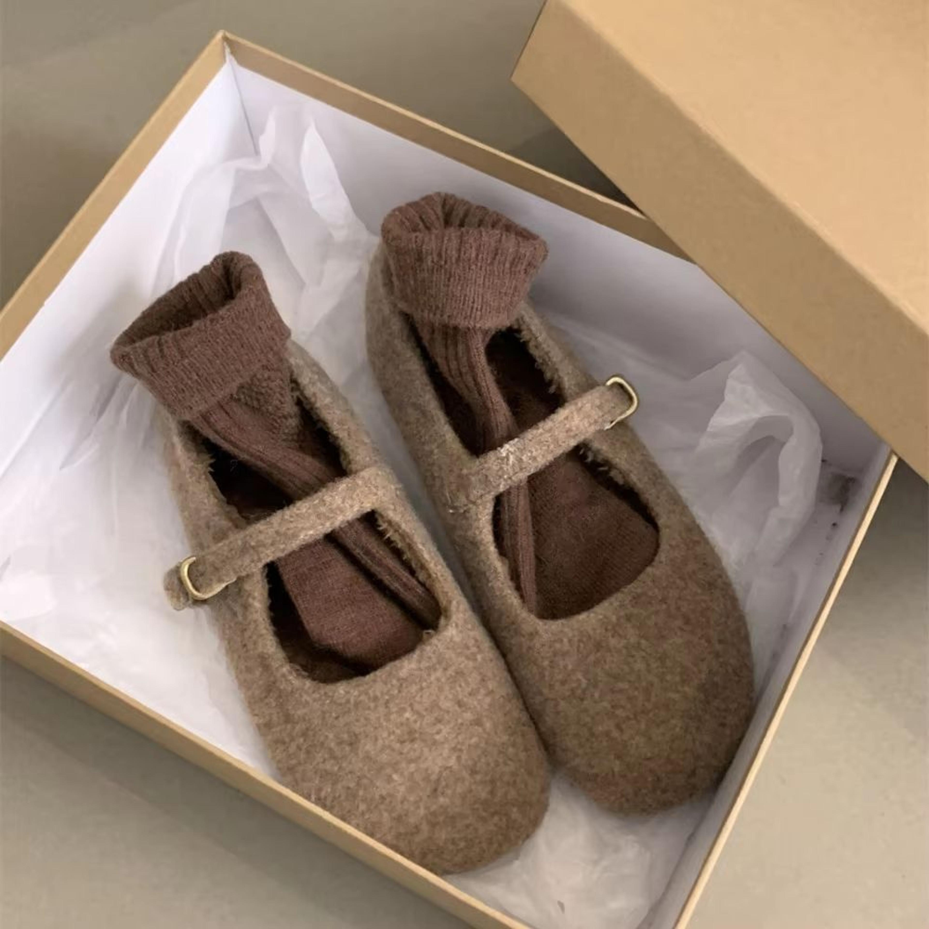 cozy square toe fleece ballet flats with mary jane strap for women