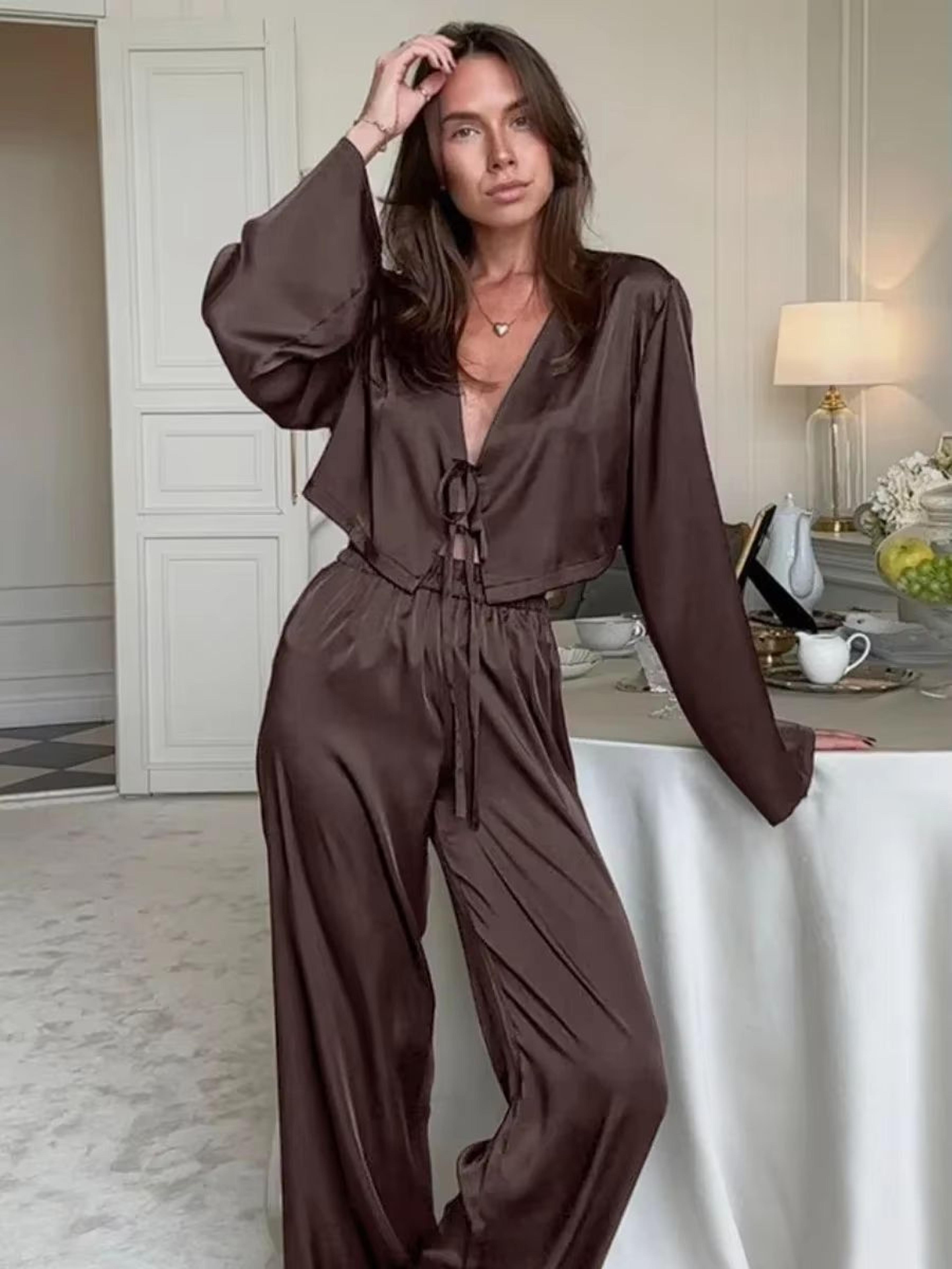 blubelle satin tie cardigan pajama set for women, two piece long sleeve lounge set with loose pants