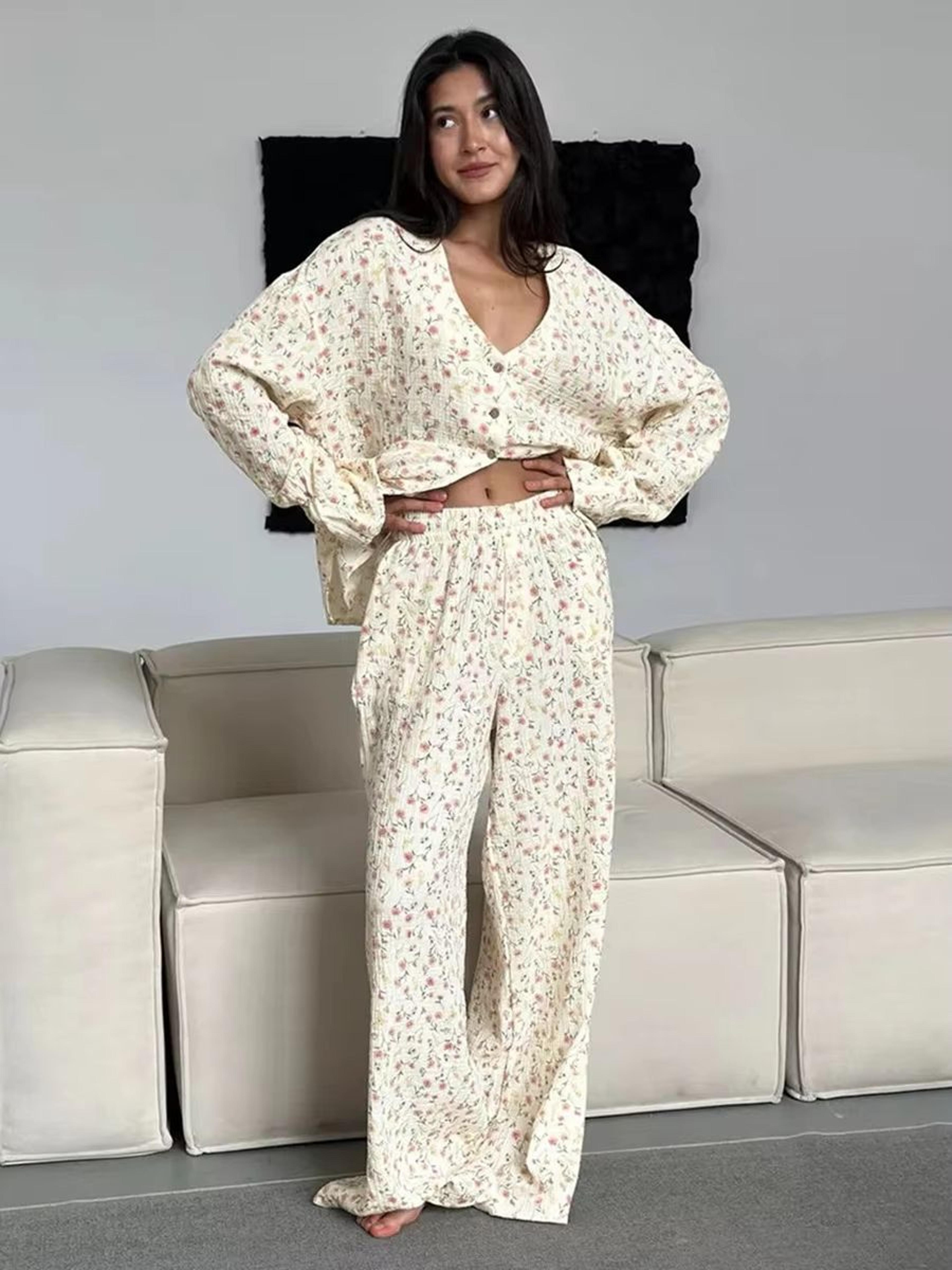 muzuleva 100% cotton printed cardigan pajama set for women