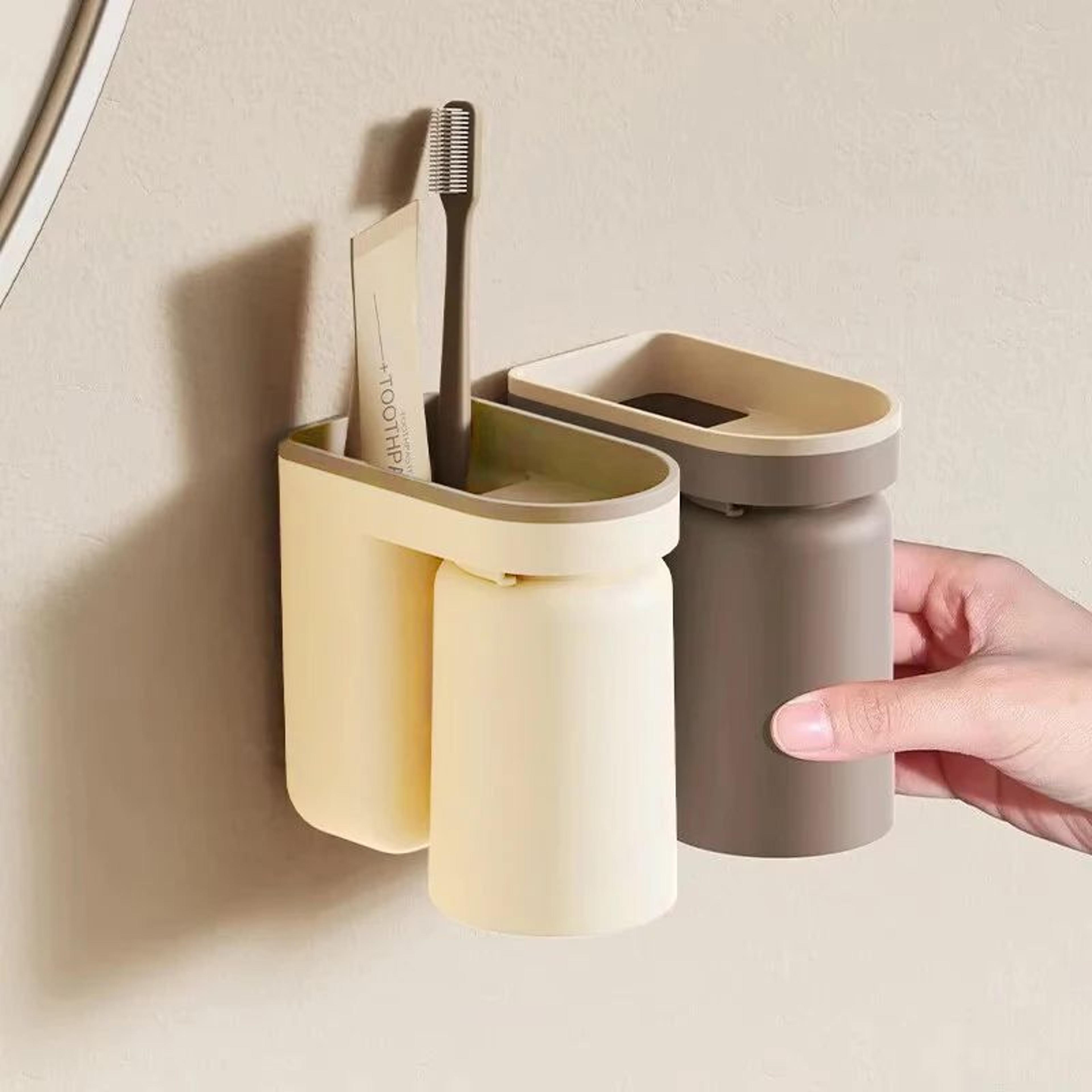 no-hole wall mounted toothbrush storage rack with mouthwash cup – bathroom organizer & toothbrush holder stand