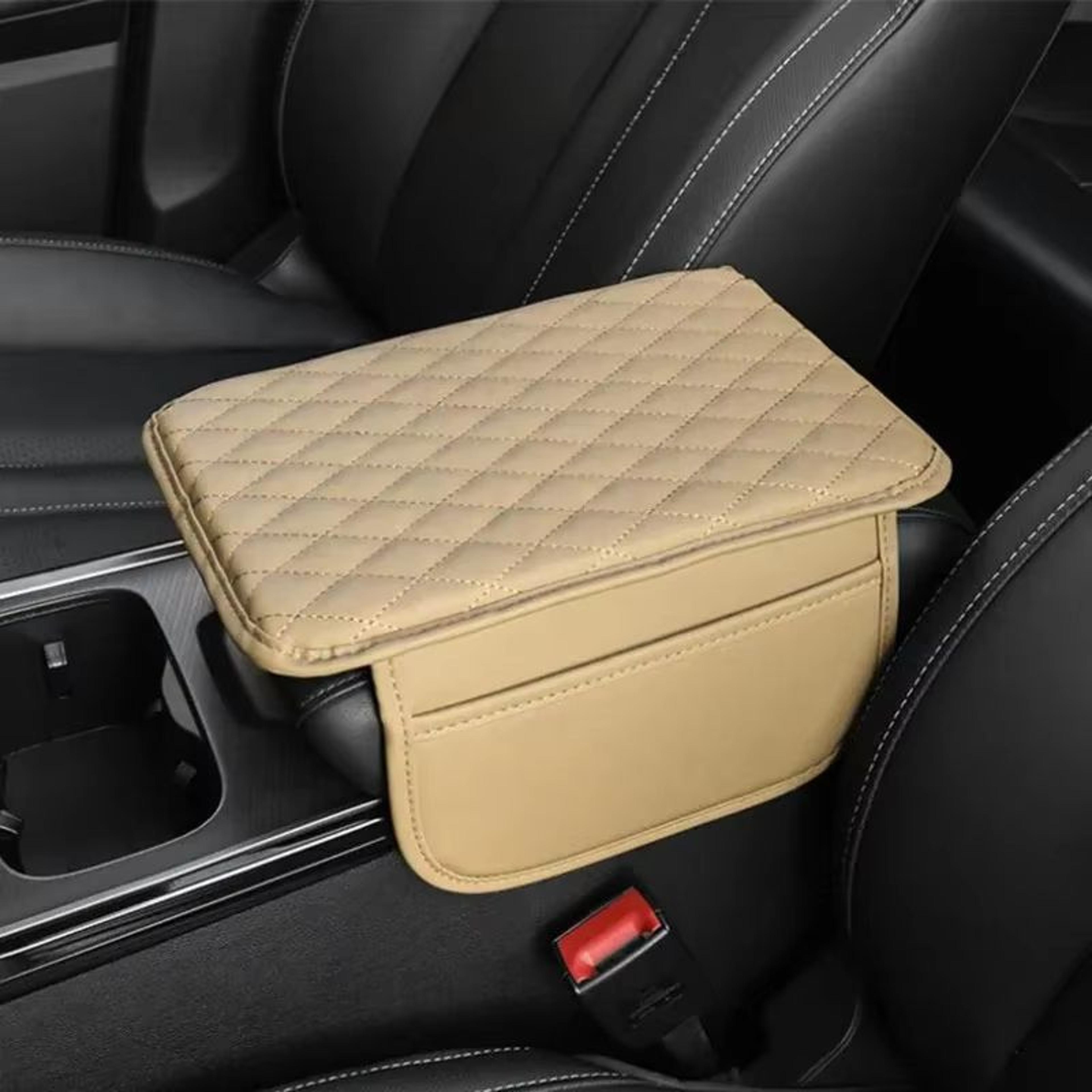 universal beige quilted leather car armrest cushion with storage - comfort and protection for every drive
