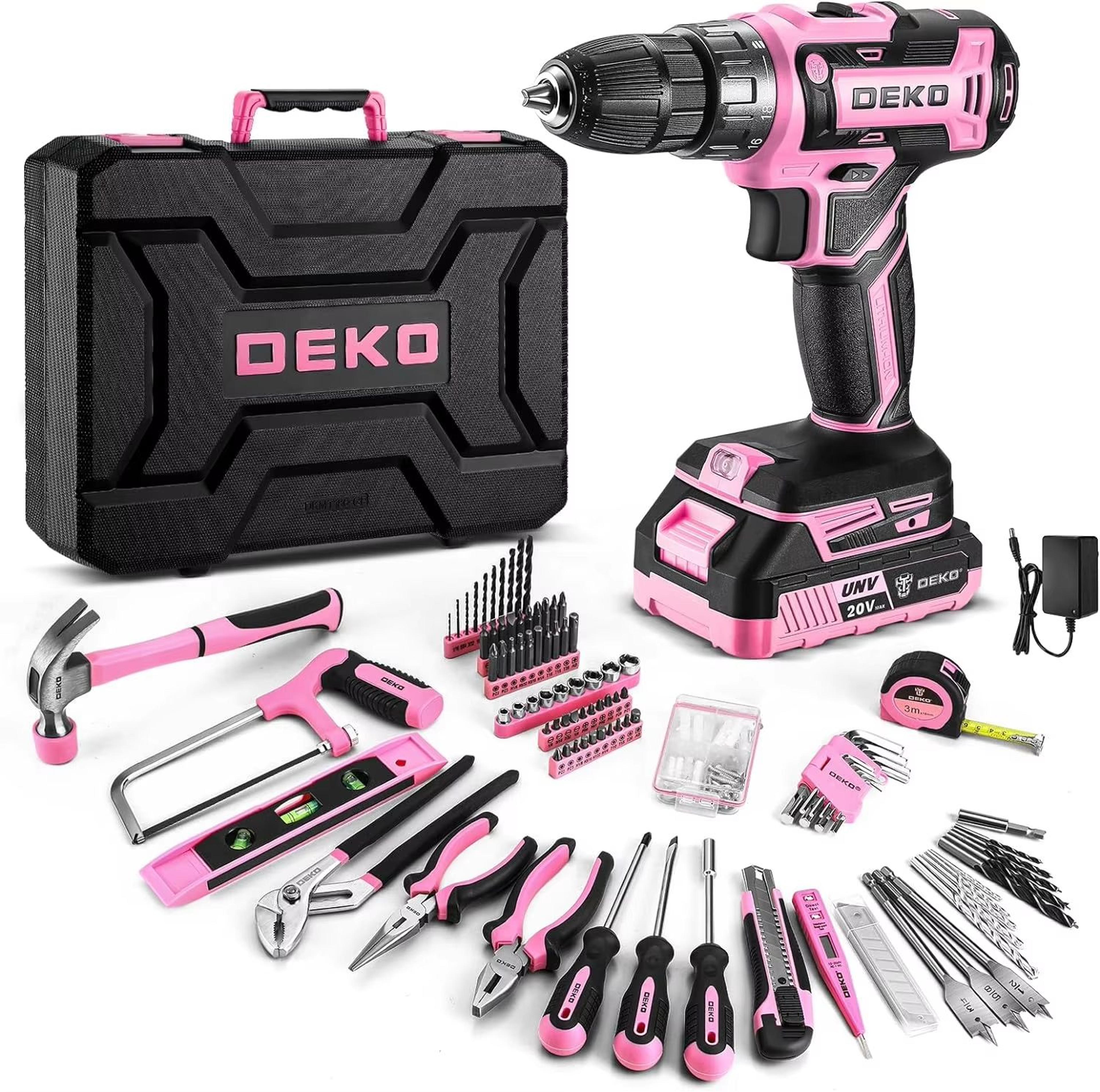 deko pink 20v cordless power drill kit with battery and portable tool box