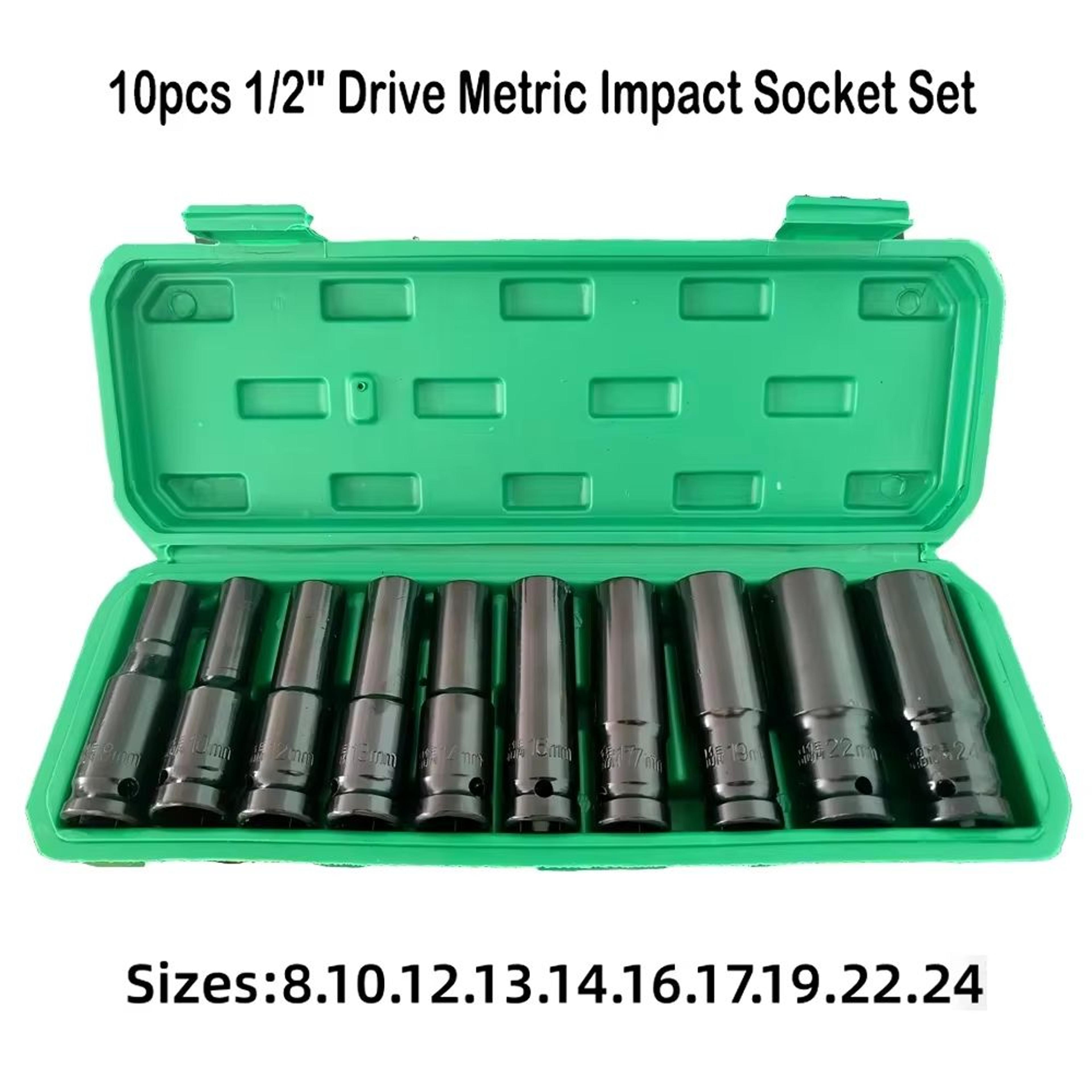10pcs 1/2 drive metric deep impact socket set 6-point for air pneumatic and auto repair
