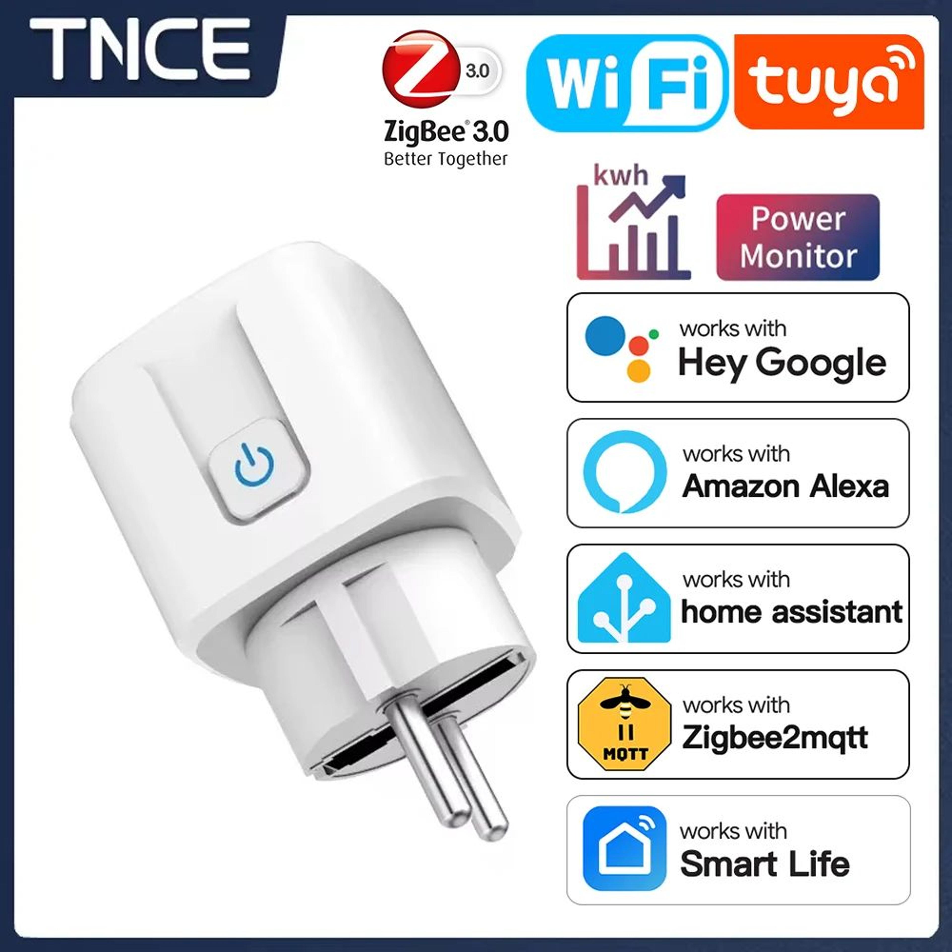 tnce tuya smart plug eu 16a/20a with power monitoring, wifi or zigbee3.0, voice control