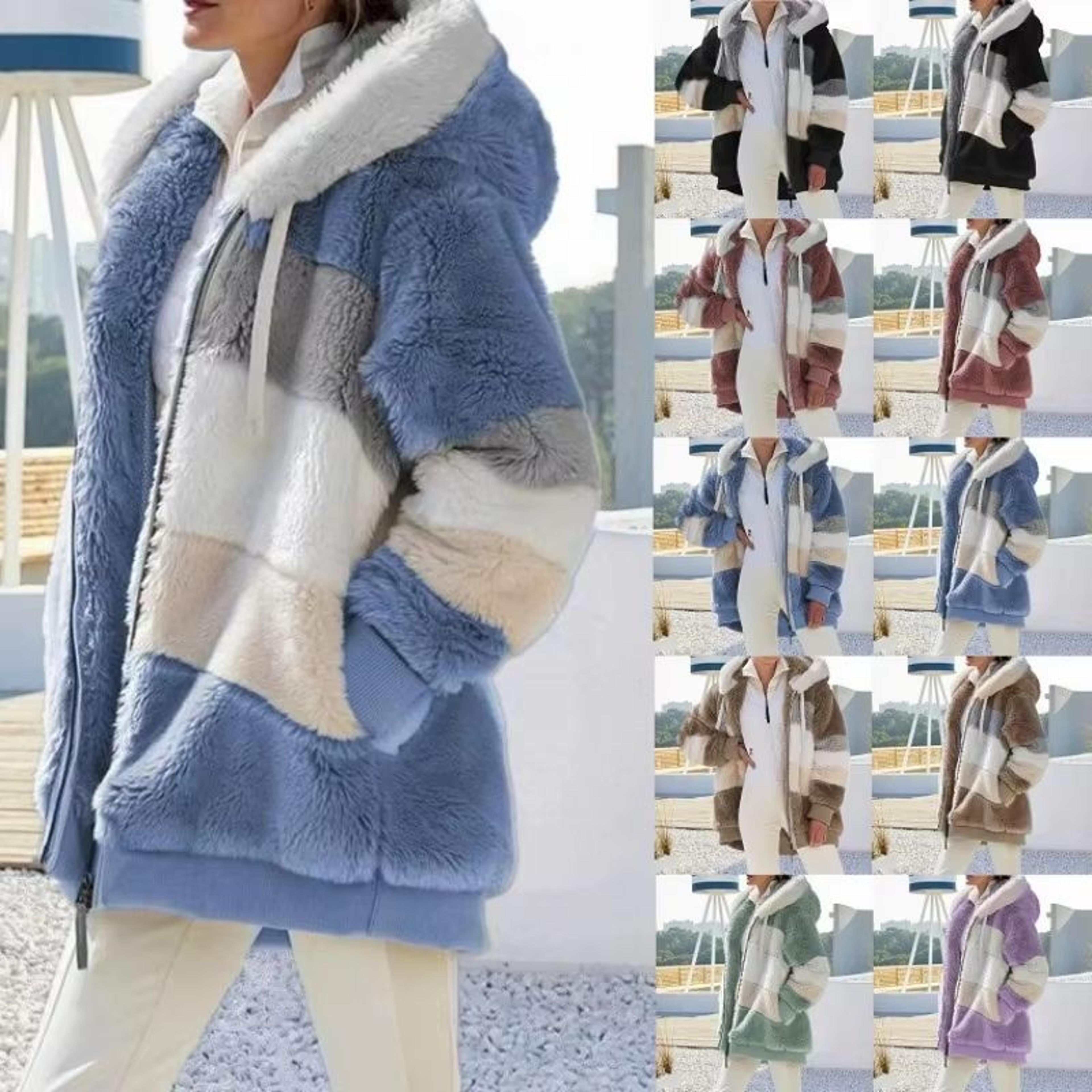 women's oversized plush hooded zip jacket with pockets, cozy winter streetwear coat