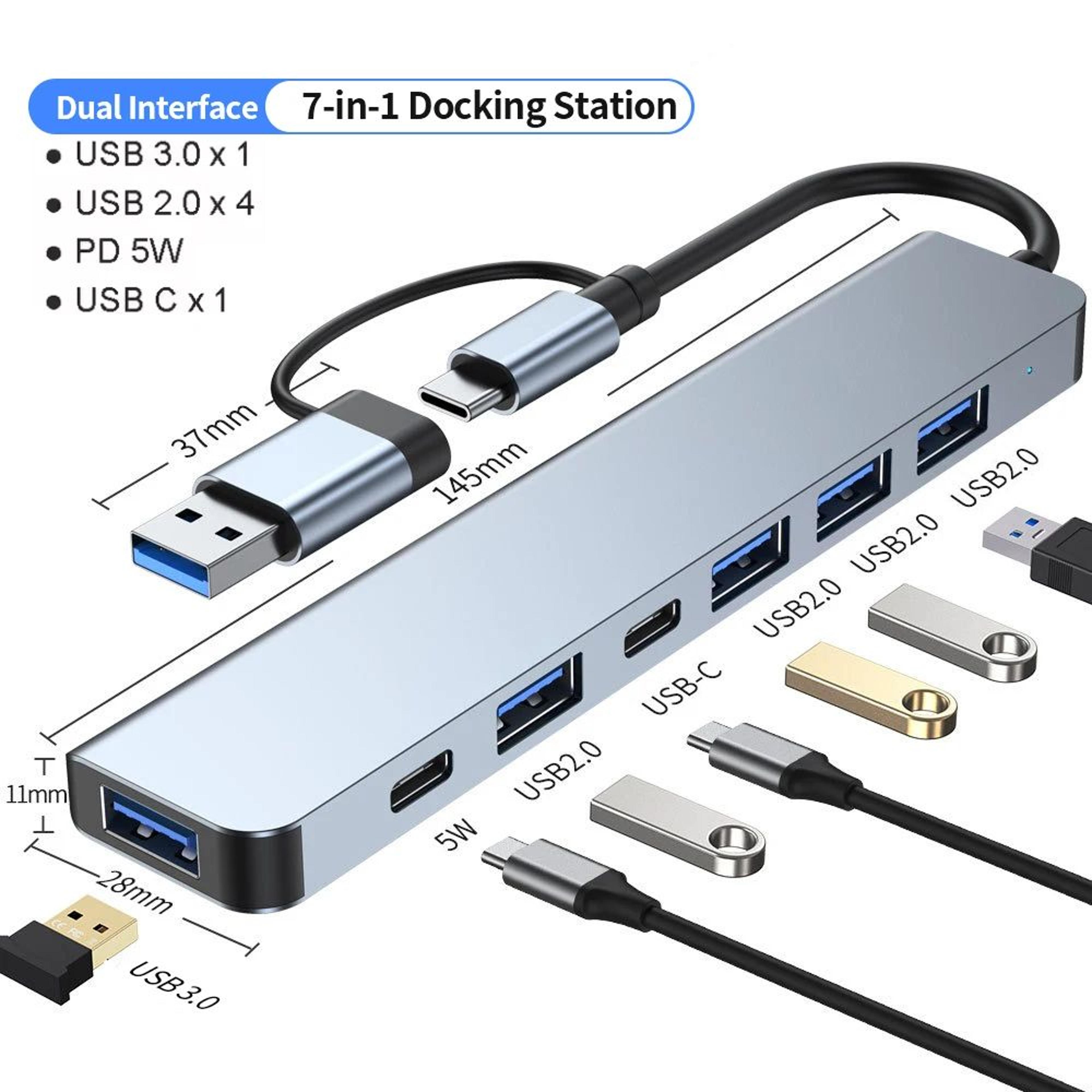 aluminum 7 in 1 usb c hub with usb 3.0, 4 usb 2.0, and dual usb c ports