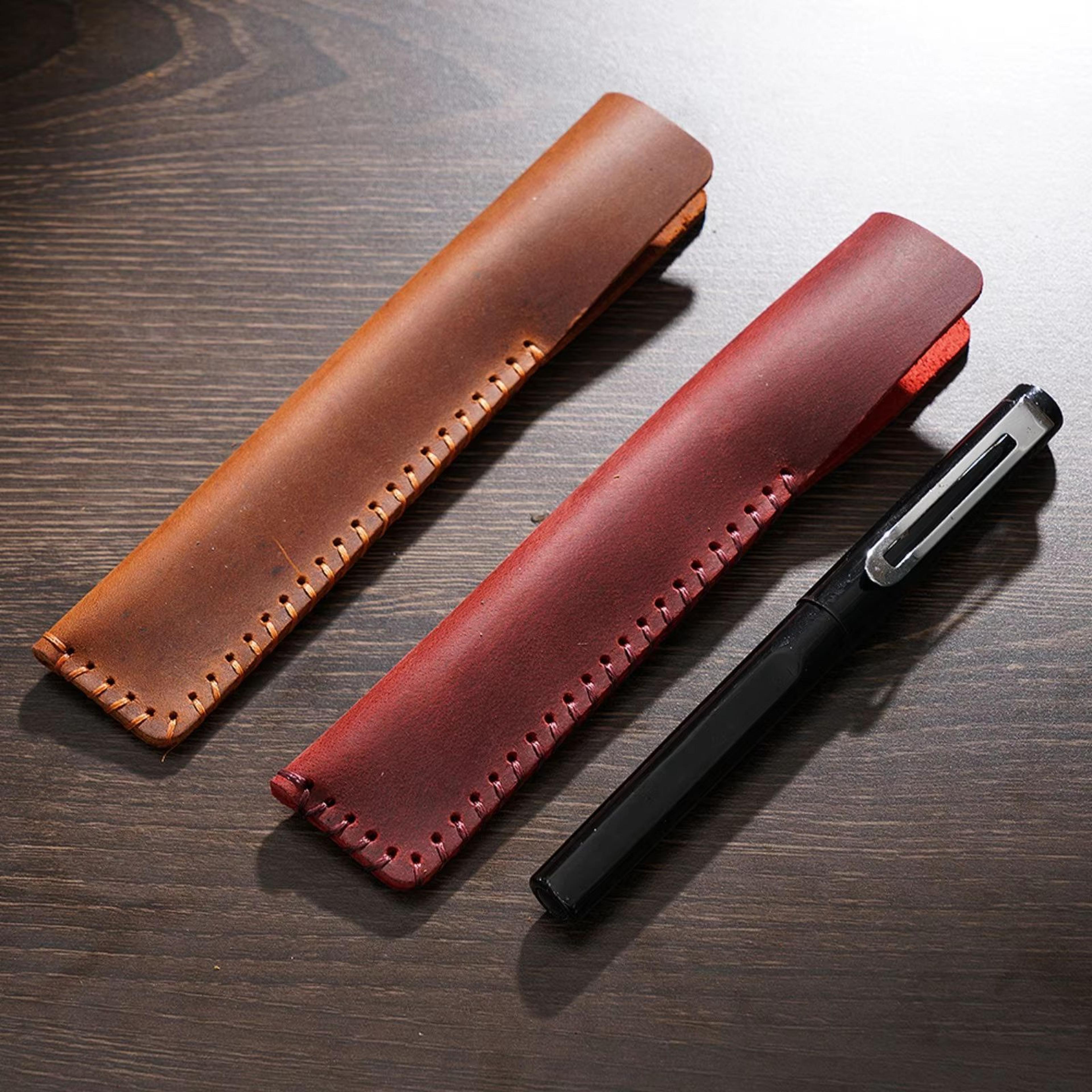 handmade retro cowhide leather pencil case vintage single pen holder organizer