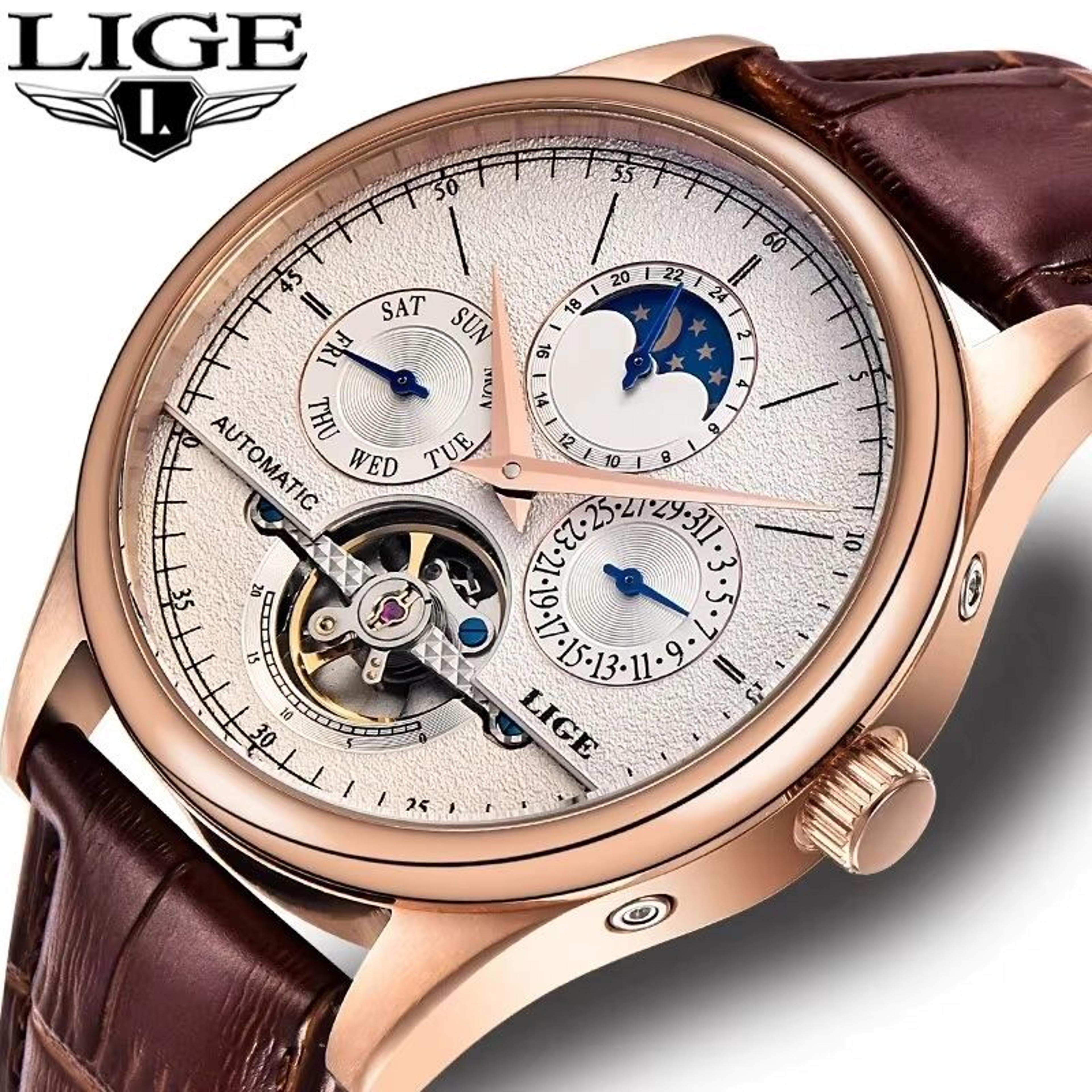 lige automatic mechanical watch tourbillon men's leather watch waterproof military style wristwatch