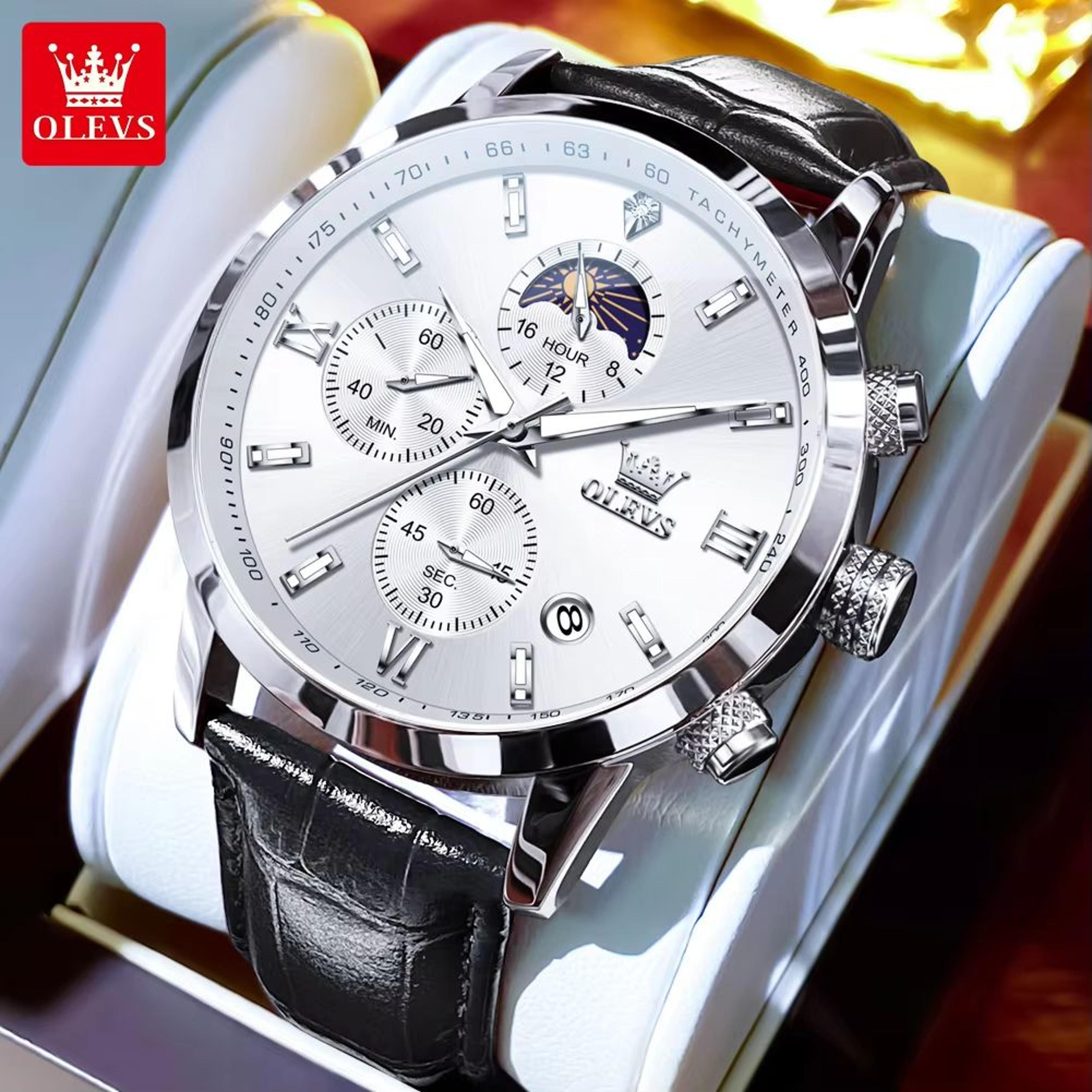 olevs 9812 luxury chronograph watch moonphase men's quartz watch waterproof multifunction wristwatch