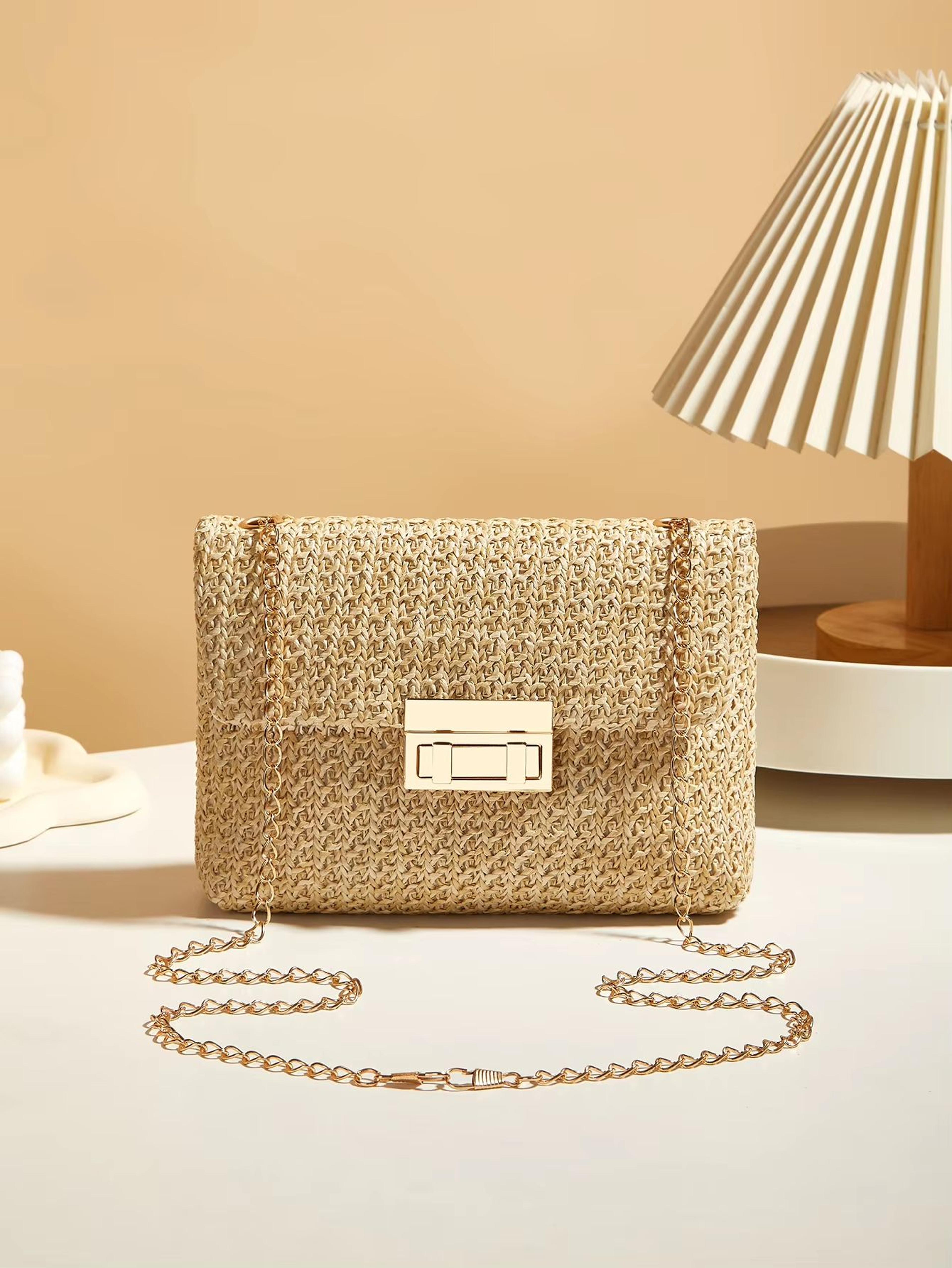 korean style woven straw crossbody bag with lock closure