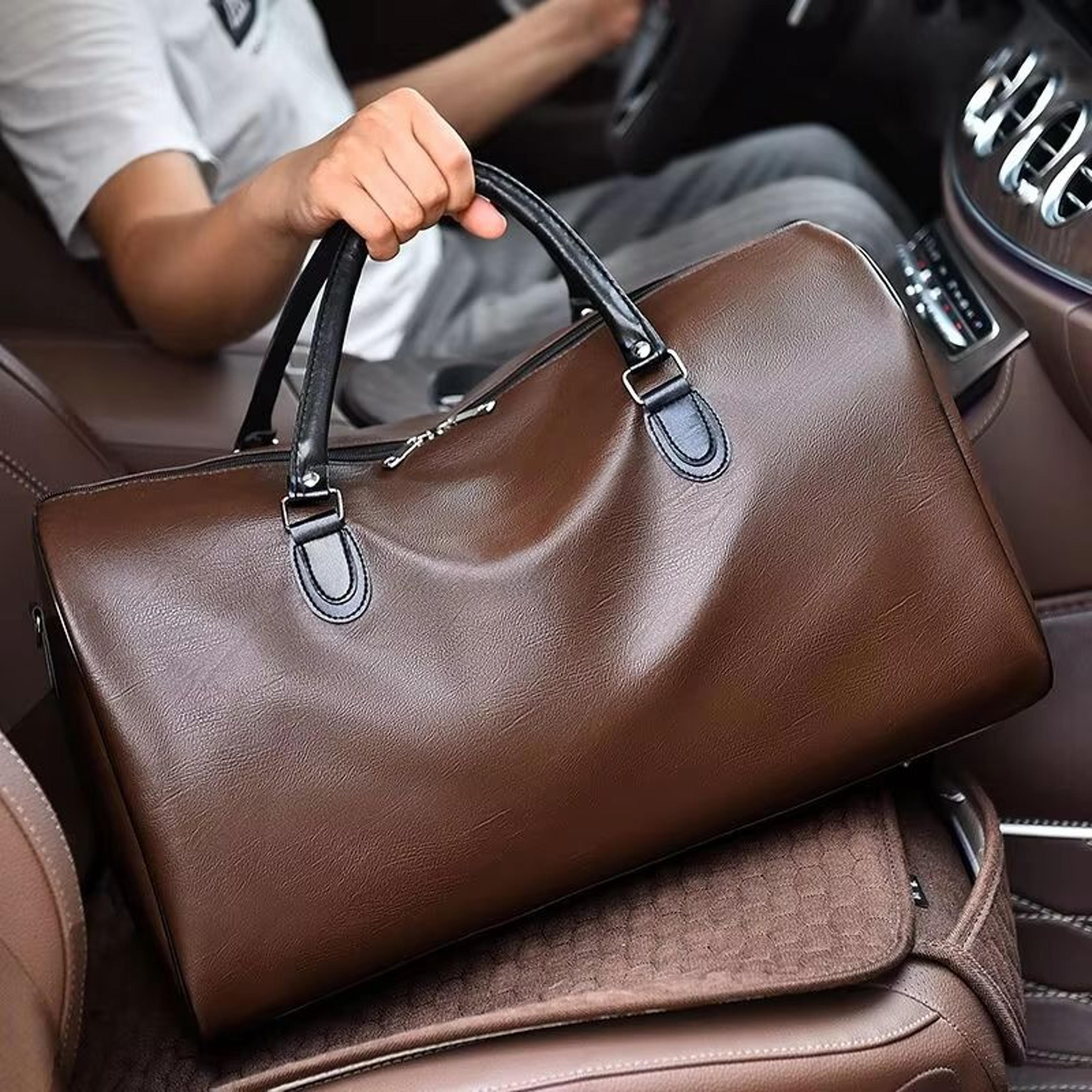 men's large capacity leather weekender travel tote bag