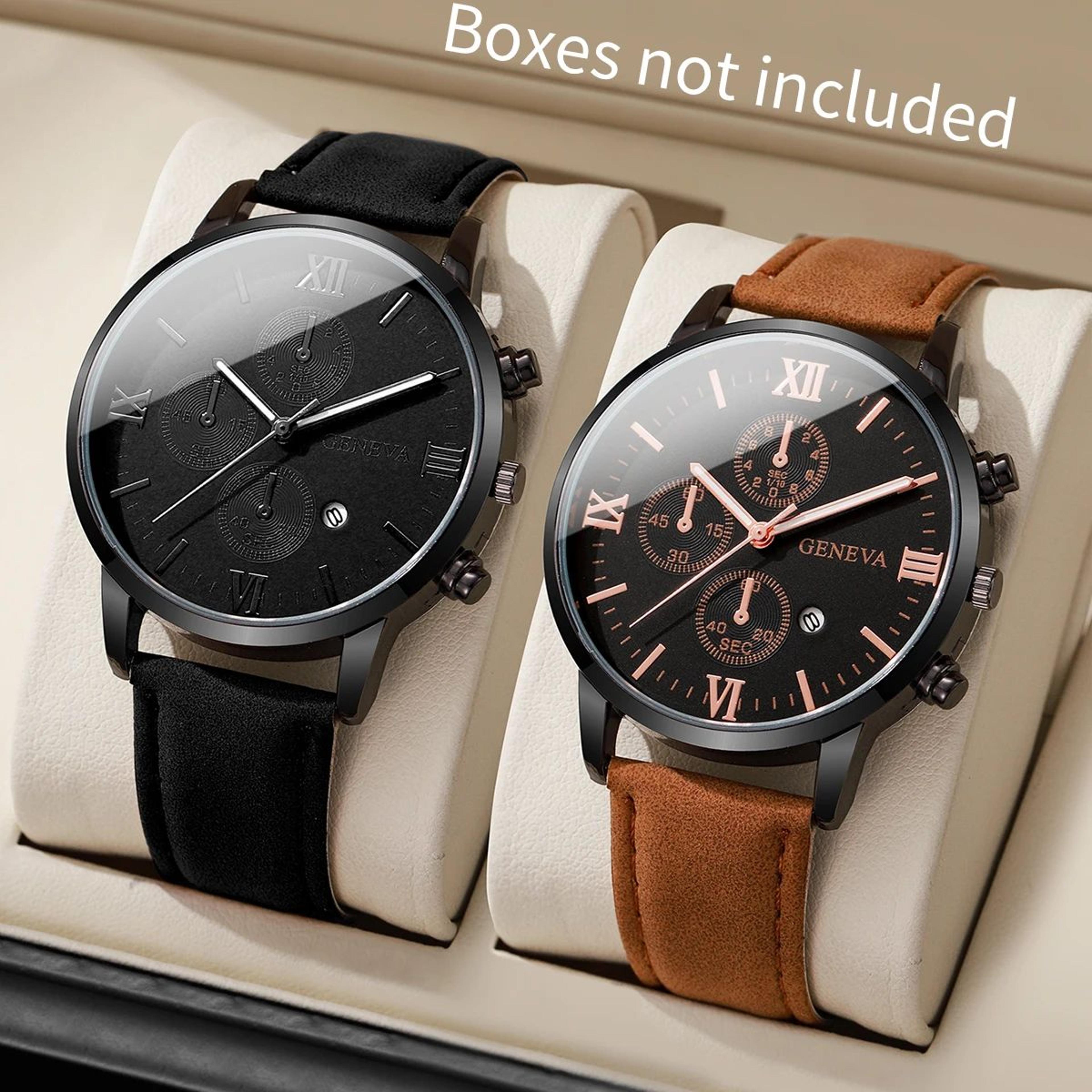 men's casual leather quartz calendar watch set