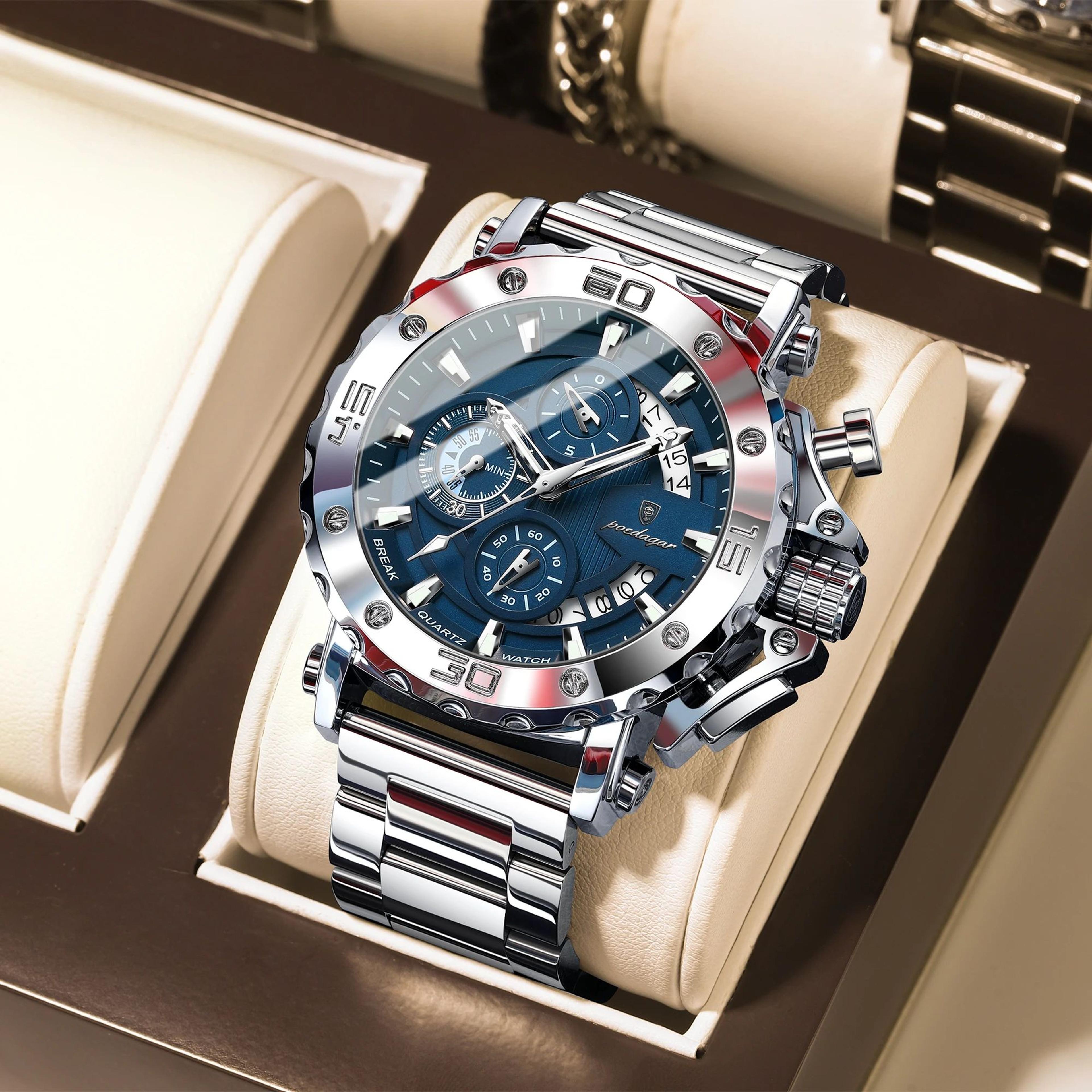 poedagar luxury stainless steel chronograph watch for men