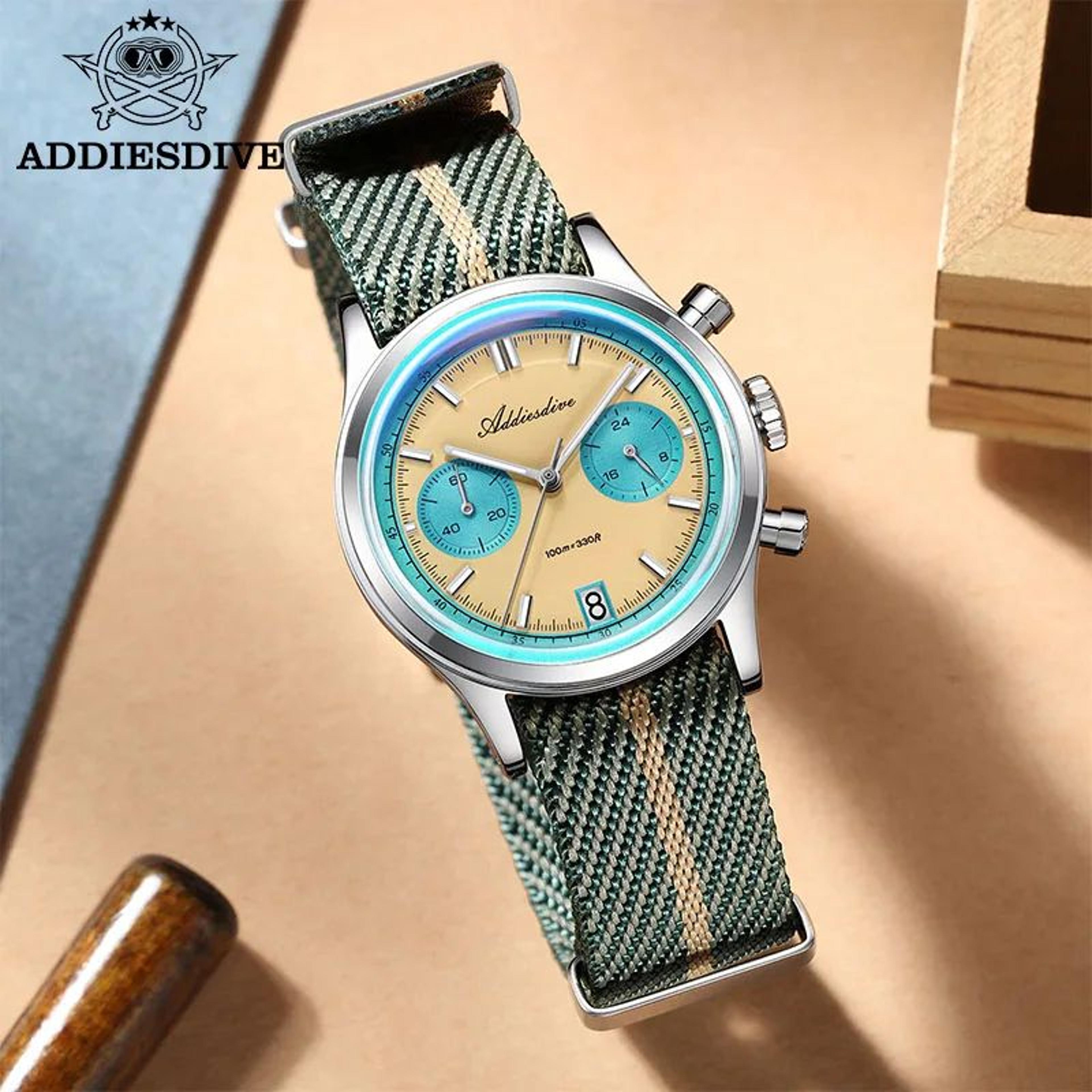addiesdive 38mm chronograph quartz dive watch for men