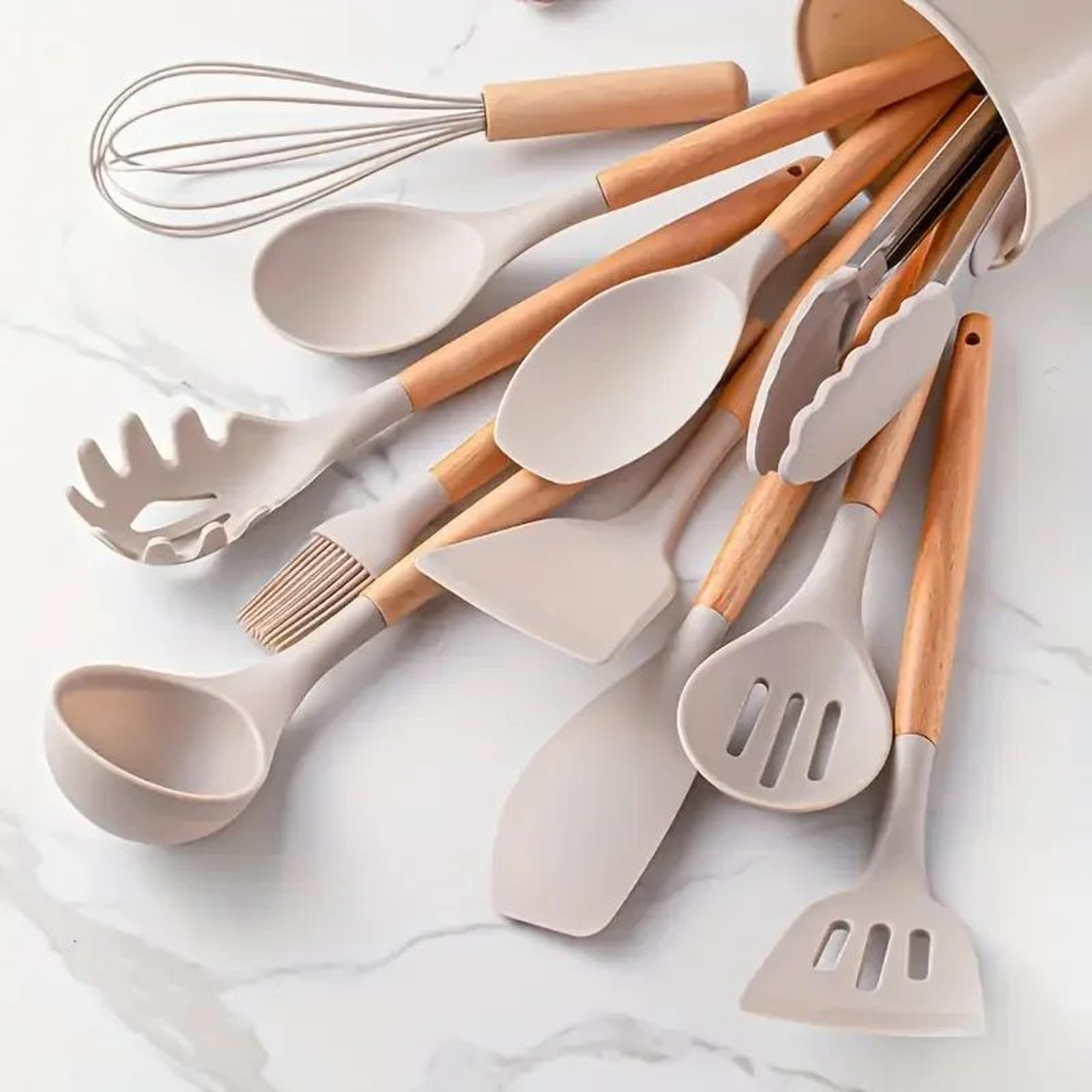 12 piece silicone kitchen utensil set with wooden handles for nonstick cookware