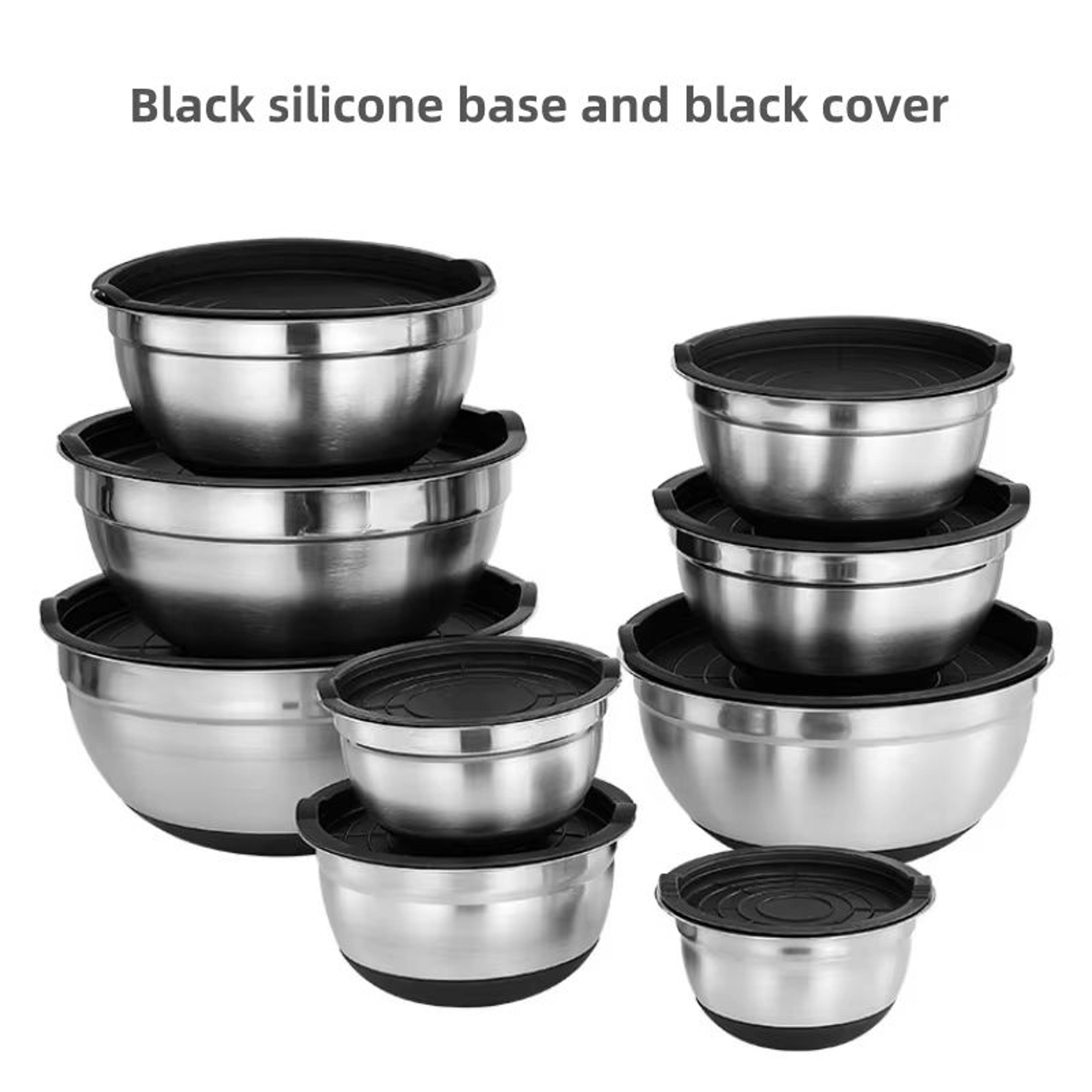 stainless steel mixing bowl with silicone base and lid for baking and cooking