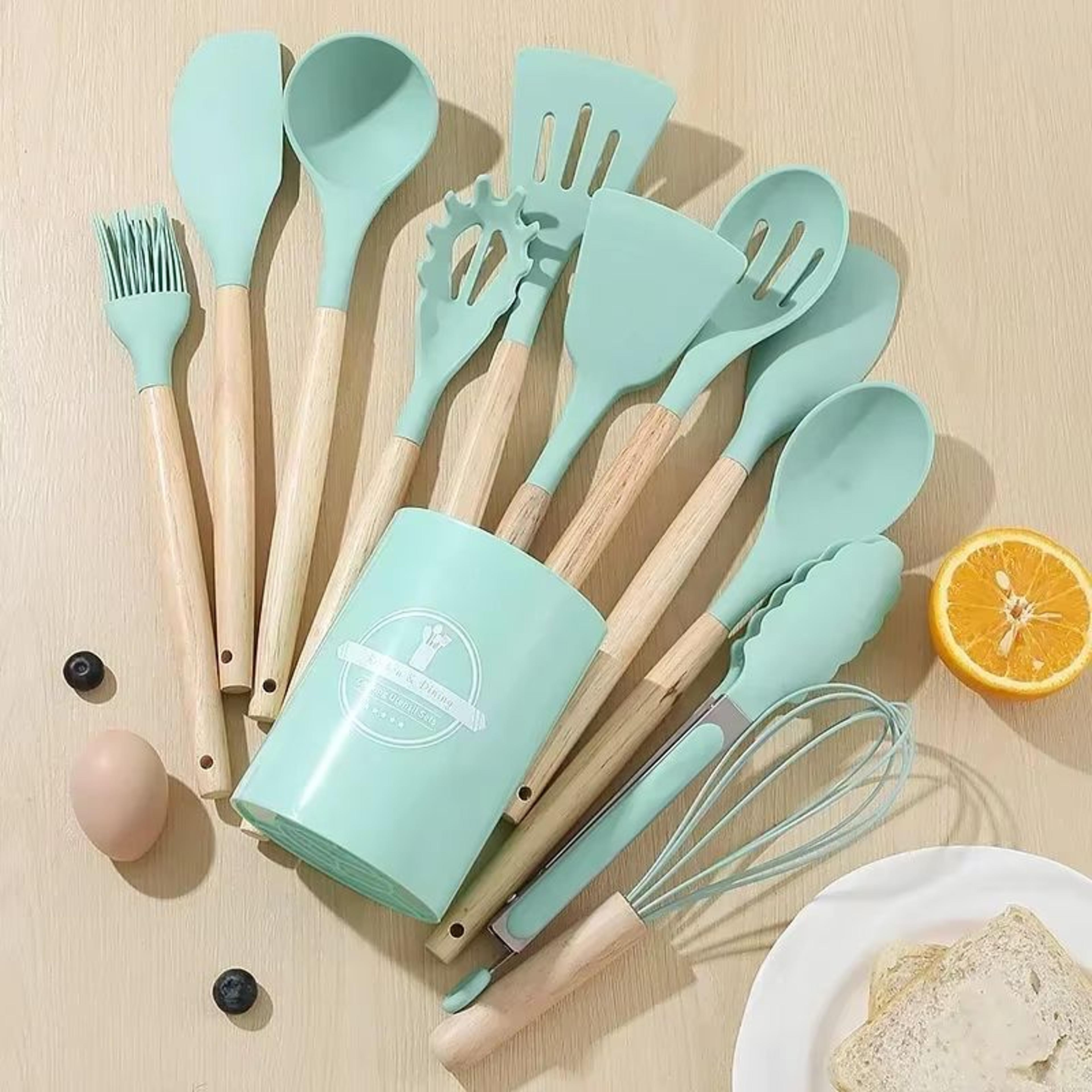 12 piece silicone kitchen utensils set with wooden handles for non stick cookware