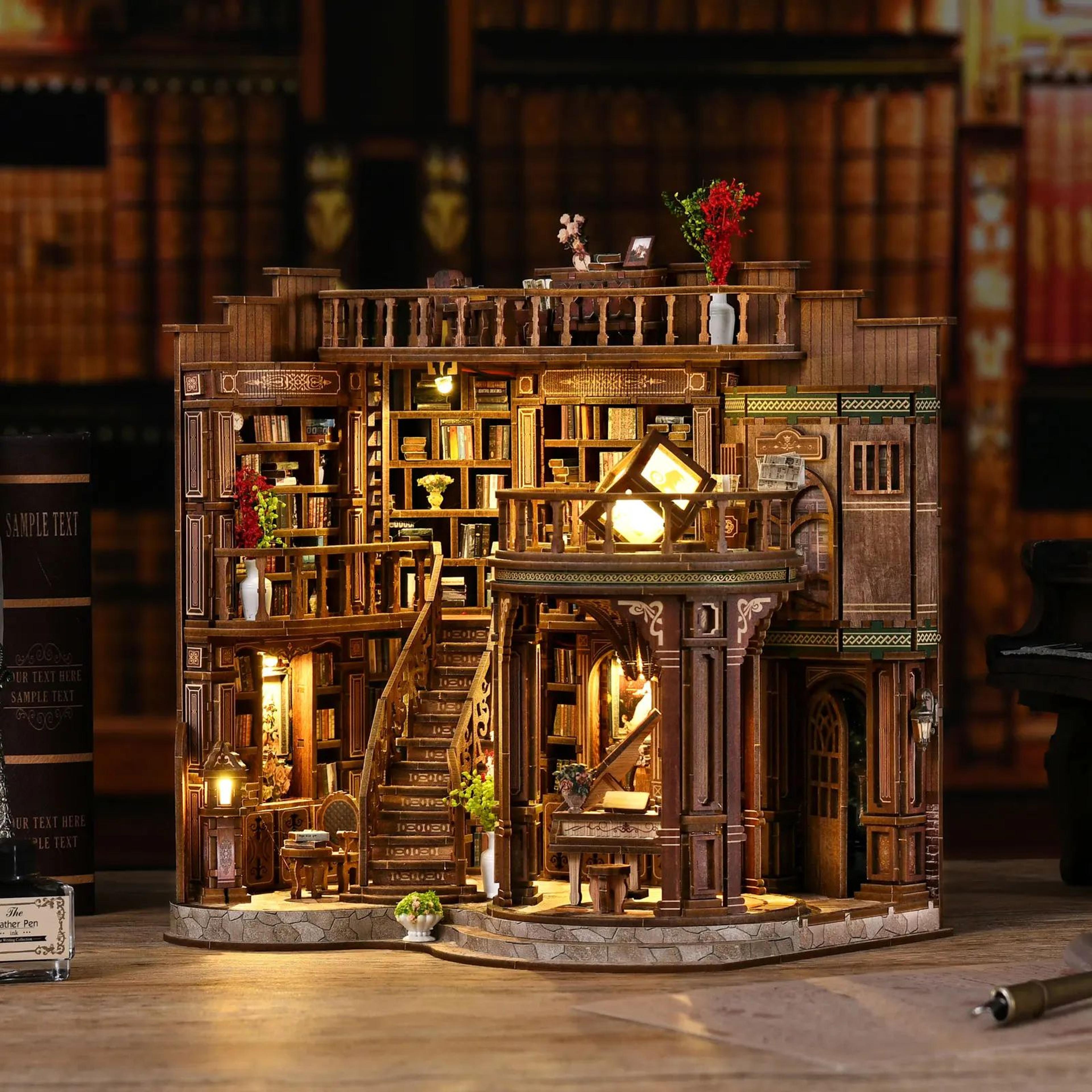 diy book nook miniature house kit handmade bookshelf insert model with led decor