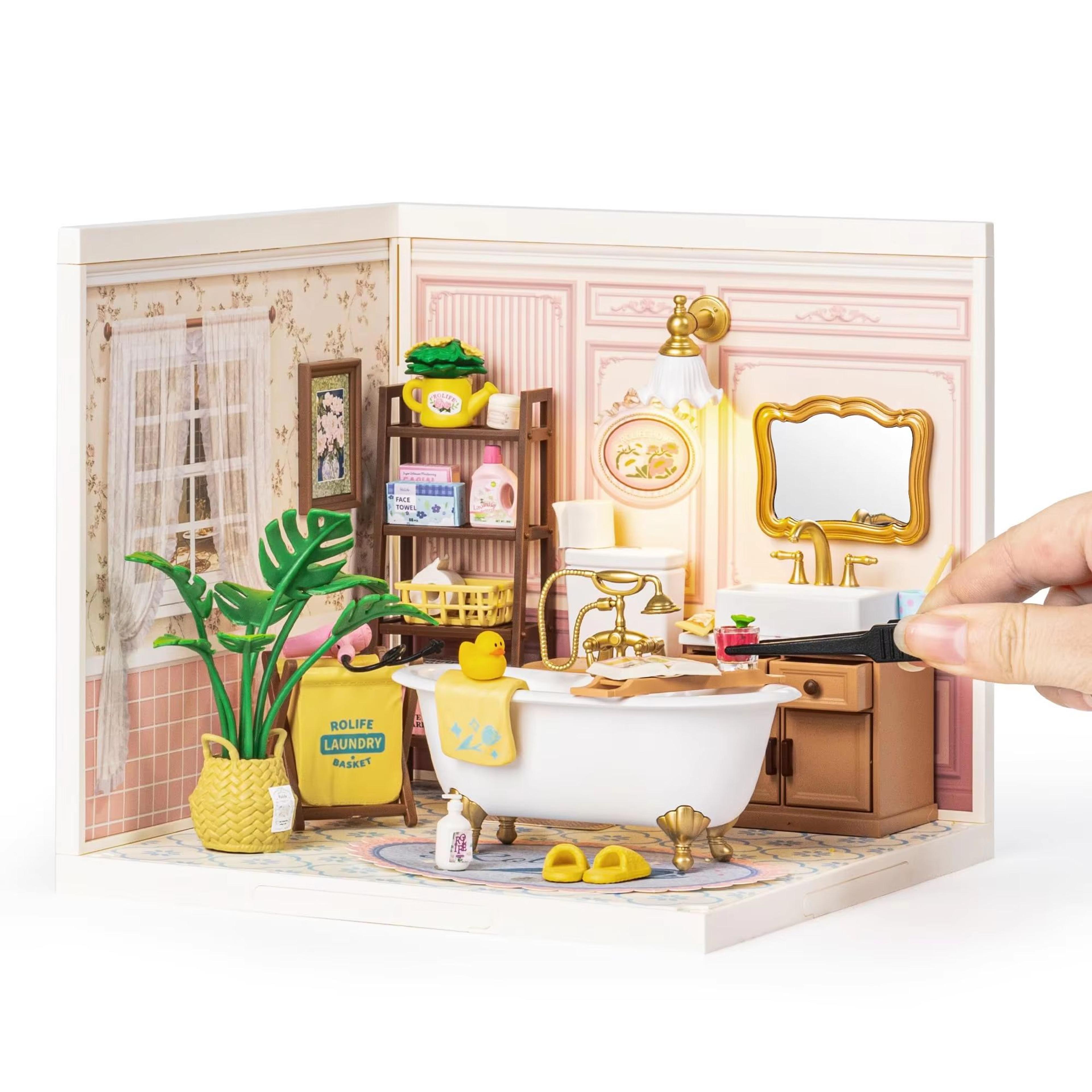 robotime diy miniature bathroom house kit pop bubble dollhouse craft model with led