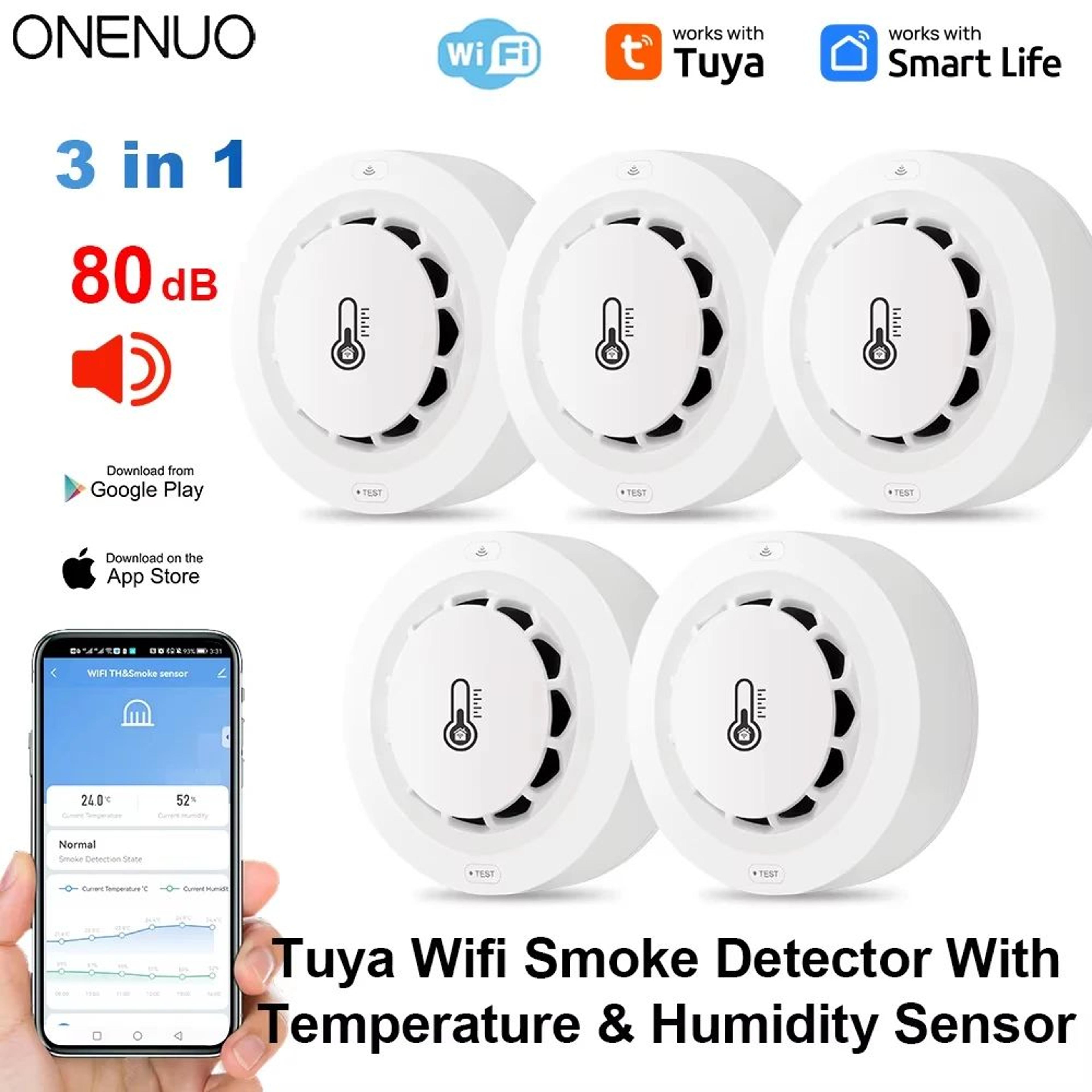 tuya wifi smart smoke detector with temperature & humidity monitoring – app-connected wifi smoke alarm with 80db alert &
