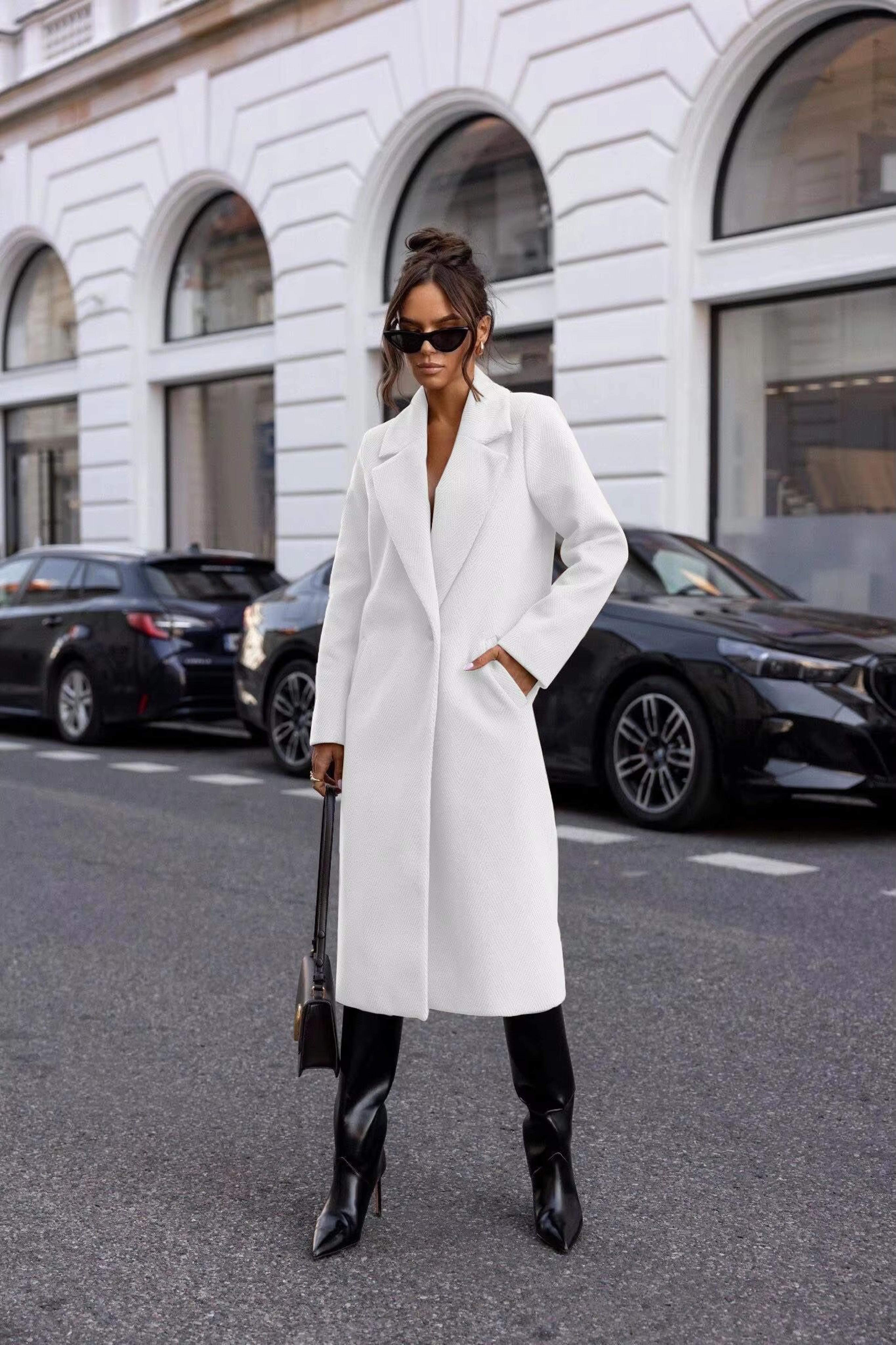 elegant women's trench coat – mid-long winter pea coat with notched lapel and pockets