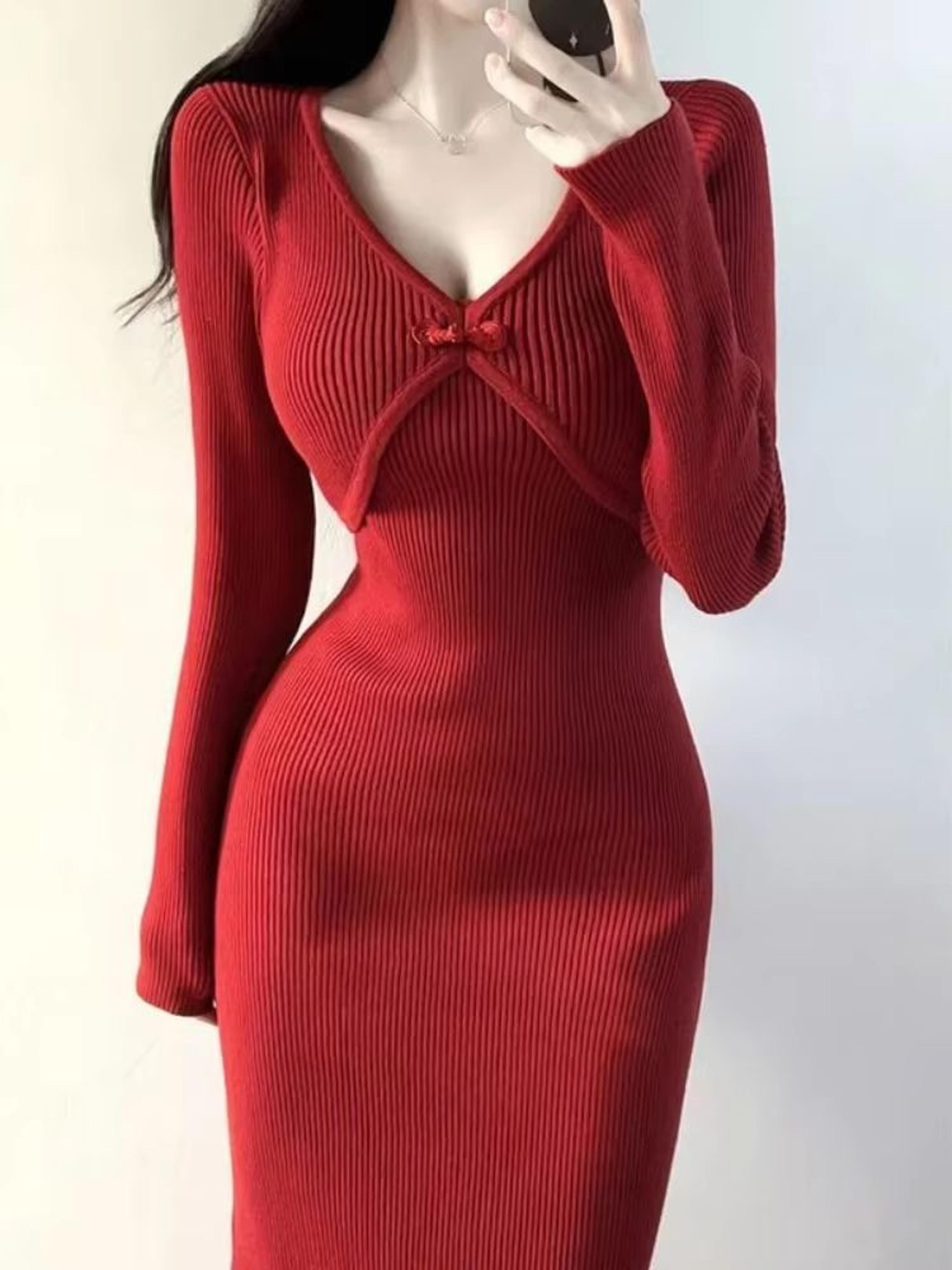 elegant red crochet knit dress vintage bodycon midi dress luxury women's knit bodycon dress