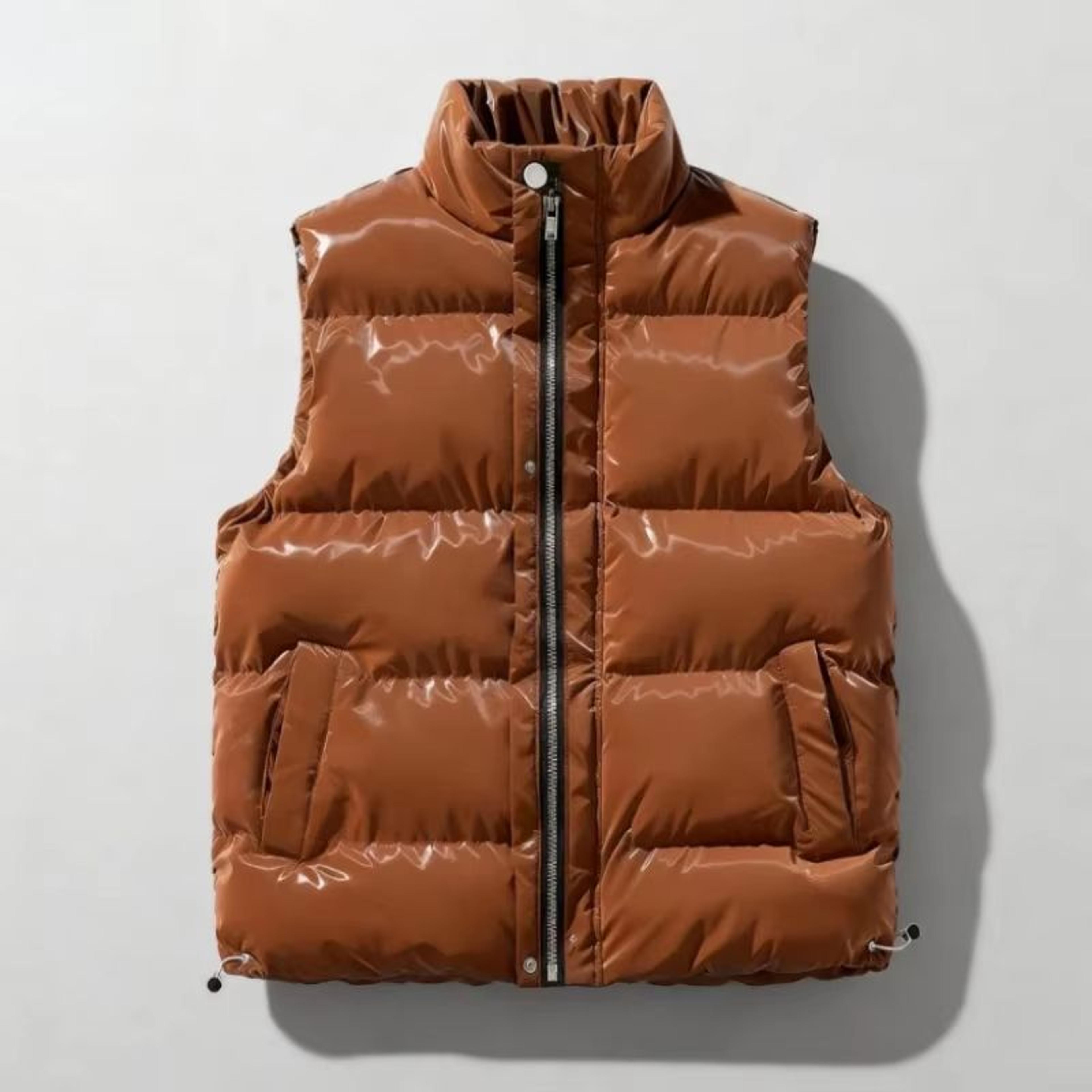 unisex shiny puffer vest with stand collar lightweight winter padded vest