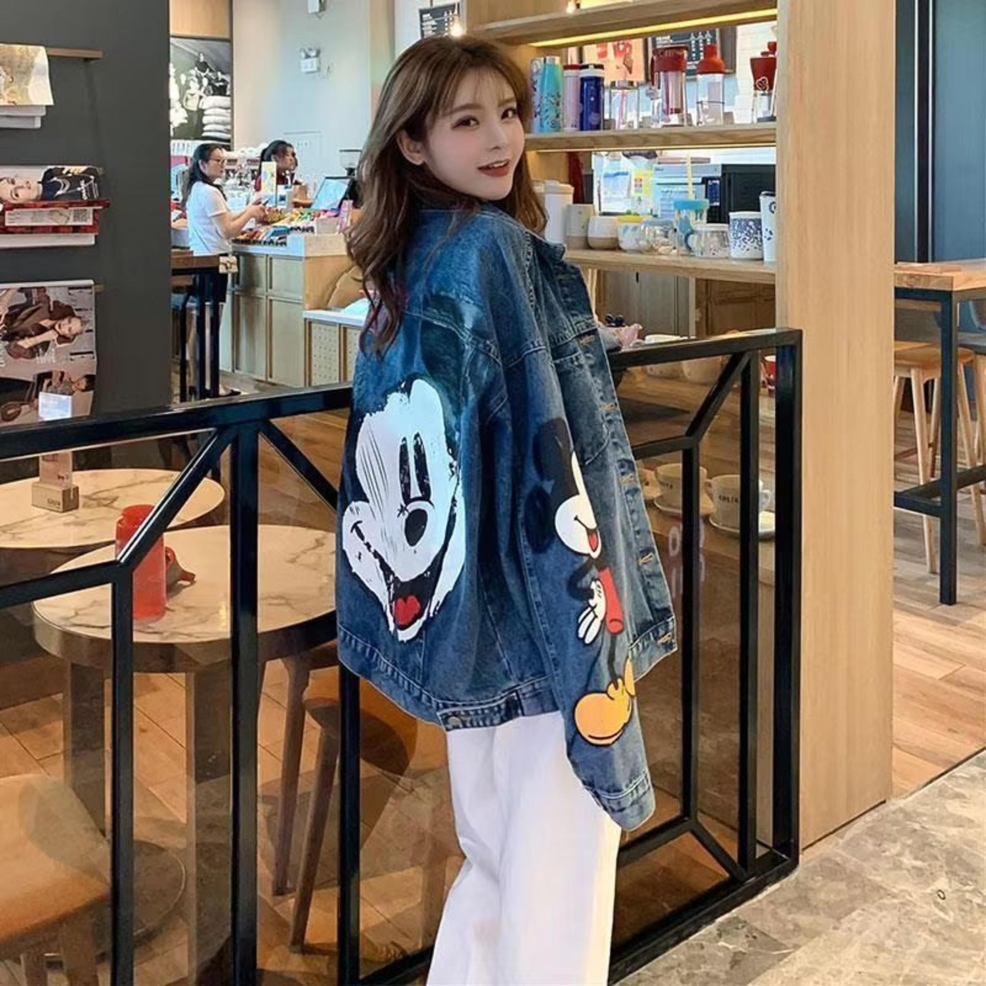 korean style mickey mouse denim jacket loose fit printed denim jacket women casual oversized denim jacket