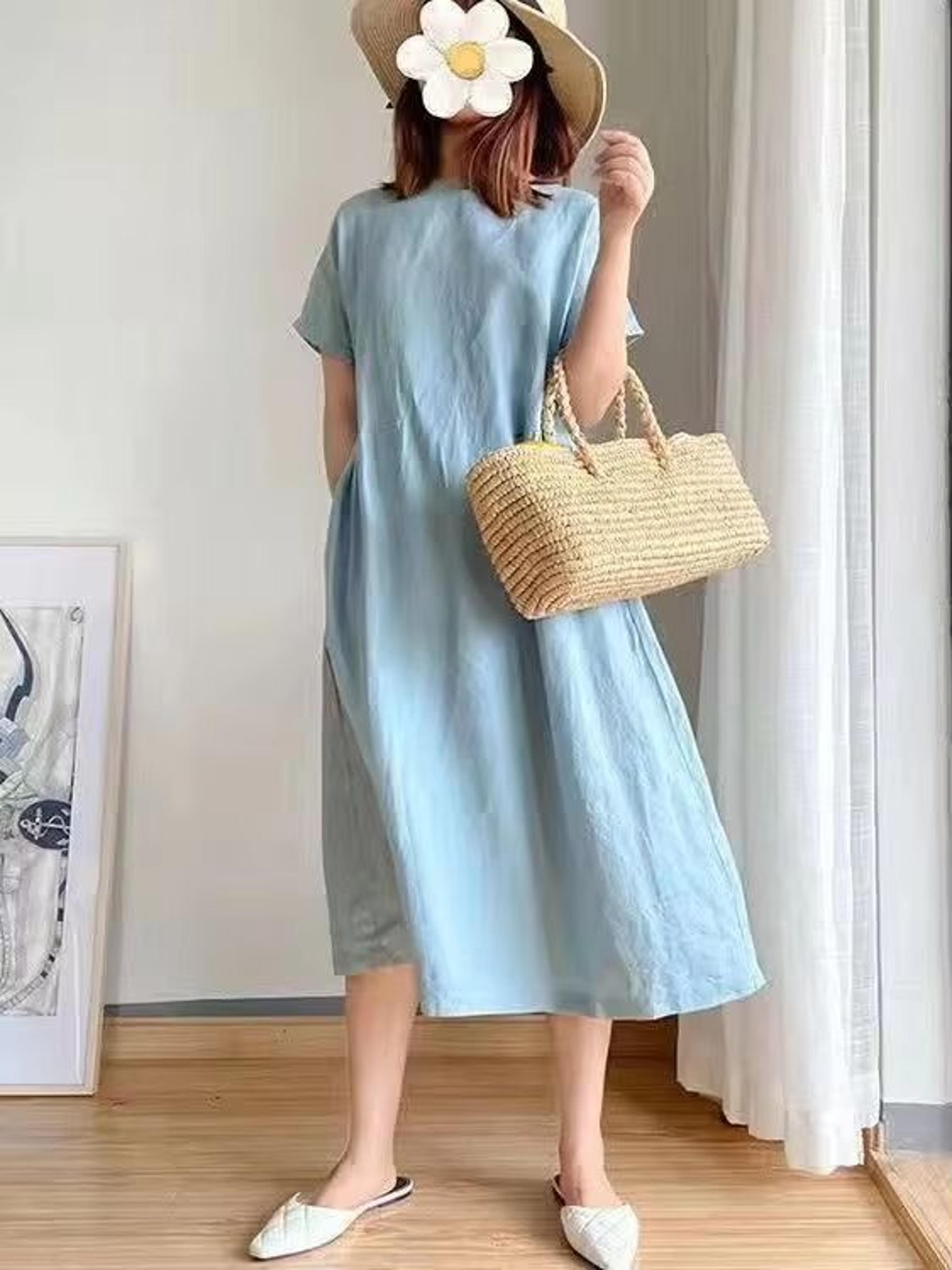 loose linen a line midi dress summer round neck linen dress high waist breathable summer dress