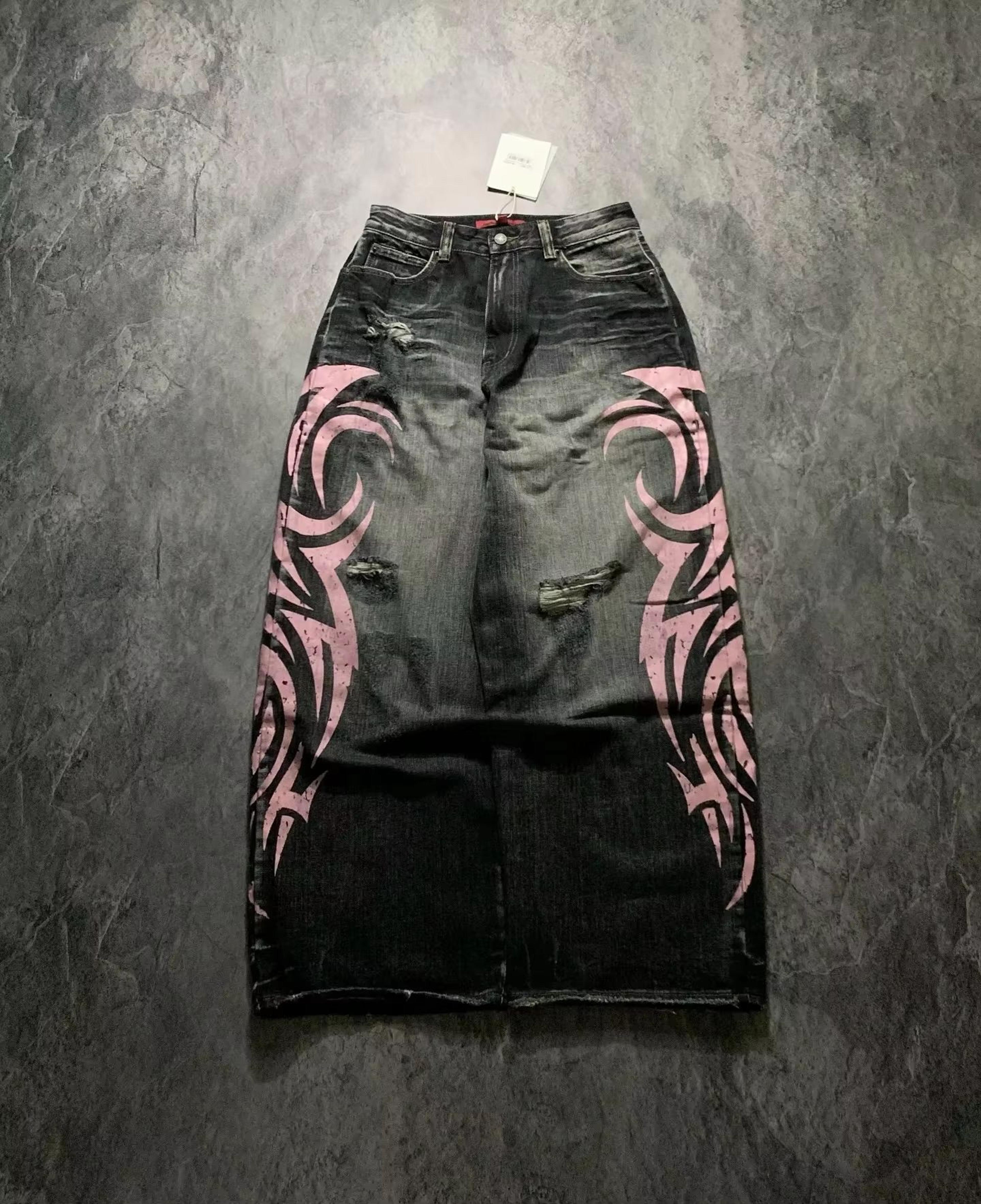 vintage y2k totem print baggy jeans high waist wide leg streetwear jeans retro hip hop loose denim pants