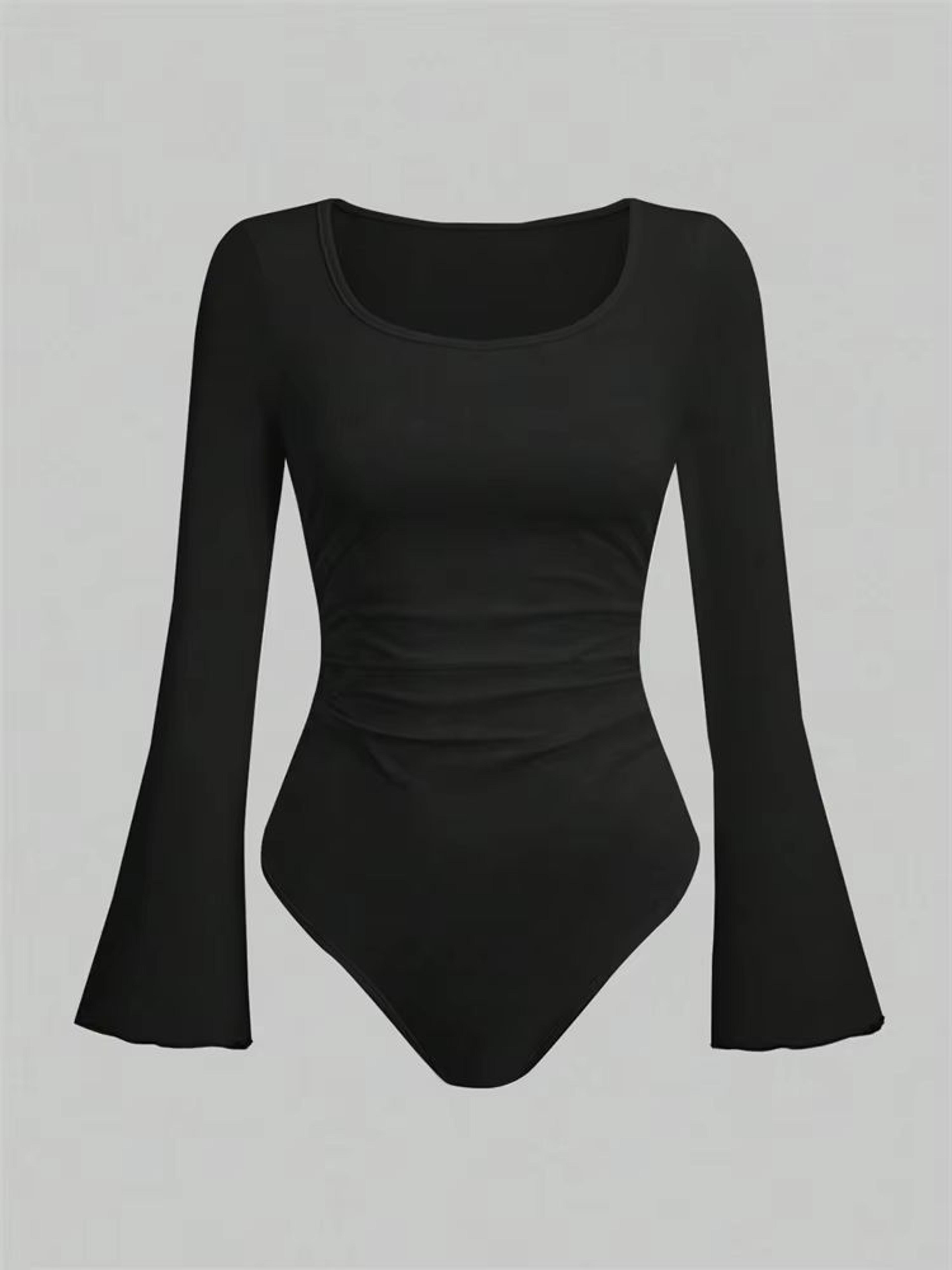 street chic ruched flare sleeve bodysuit for women round neck pleated long sleeve top